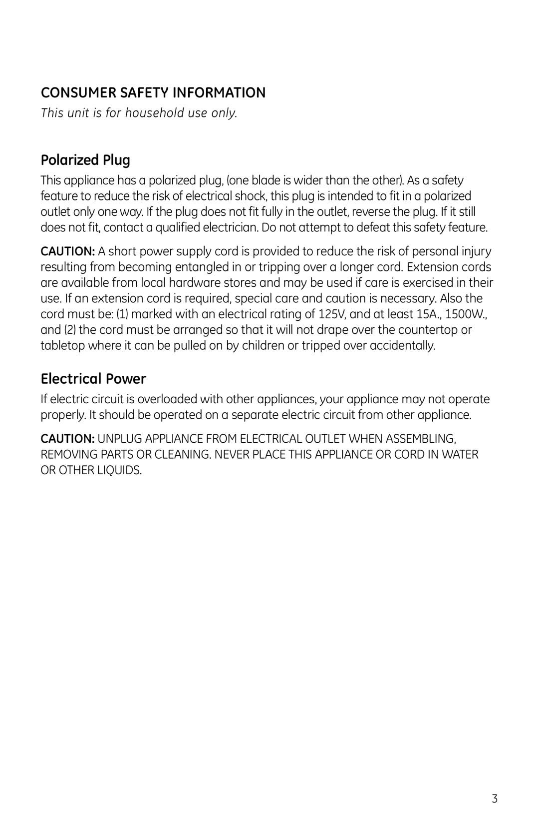 GE 681131690683, 681131690706 manual Consumer Safety Information, Polarized Plug, Electrical Power 