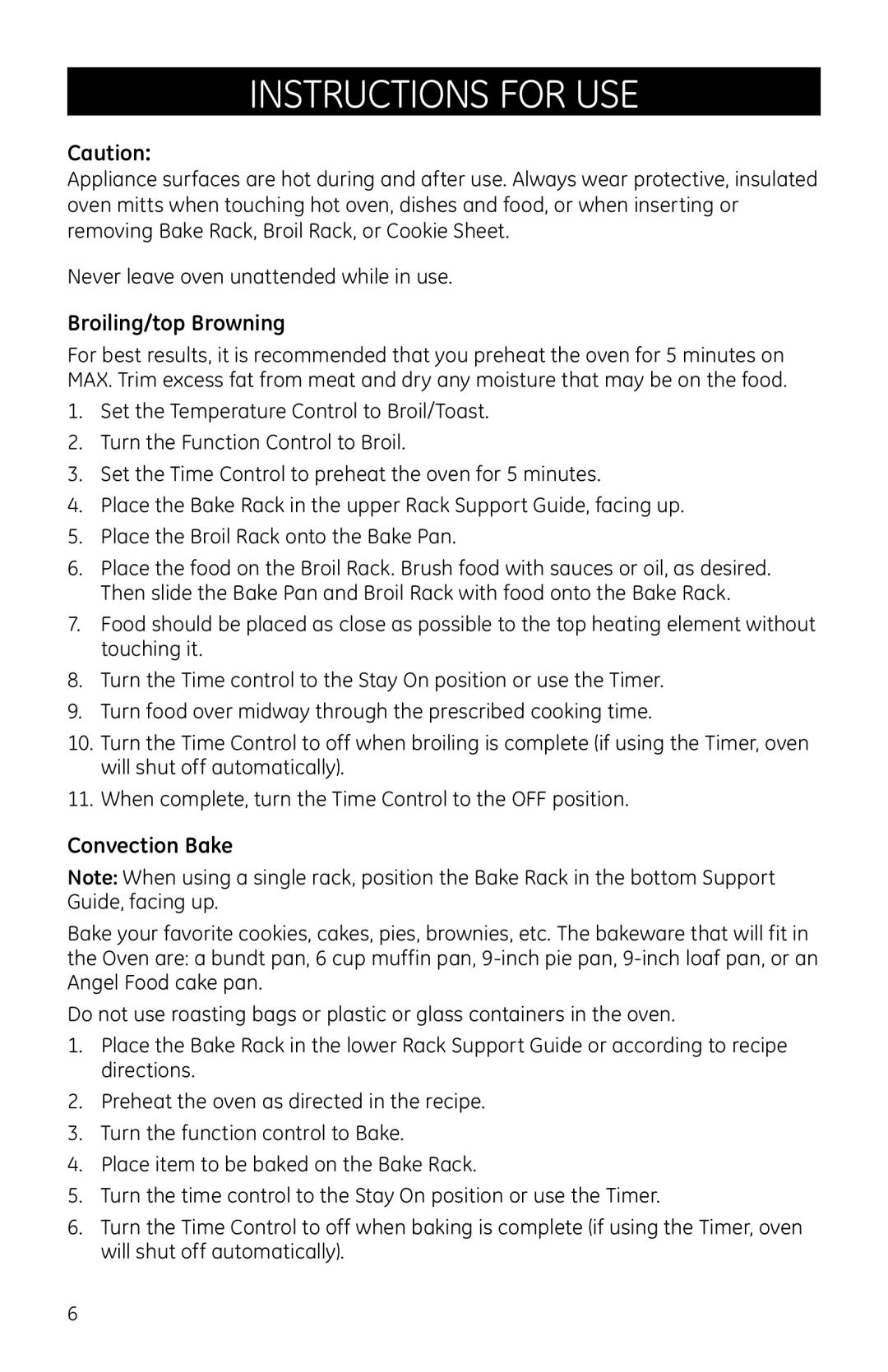 GE 681131690706, 681131690683 manual Instructions for use, Broiling/top Browning, Convection Bake 