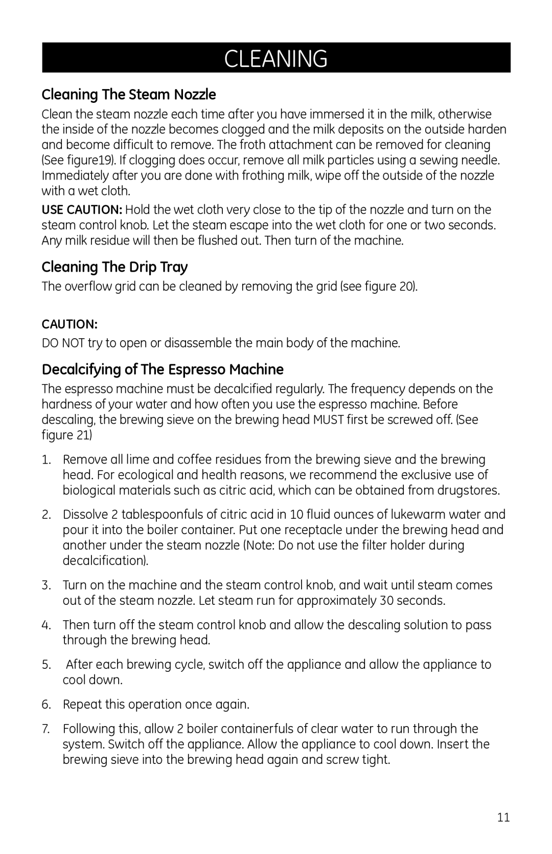 GE 681131690690 manual Cleaning The Steam Nozzle, Cleaning The Drip Tray, Decalcifying of The Espresso Machine 