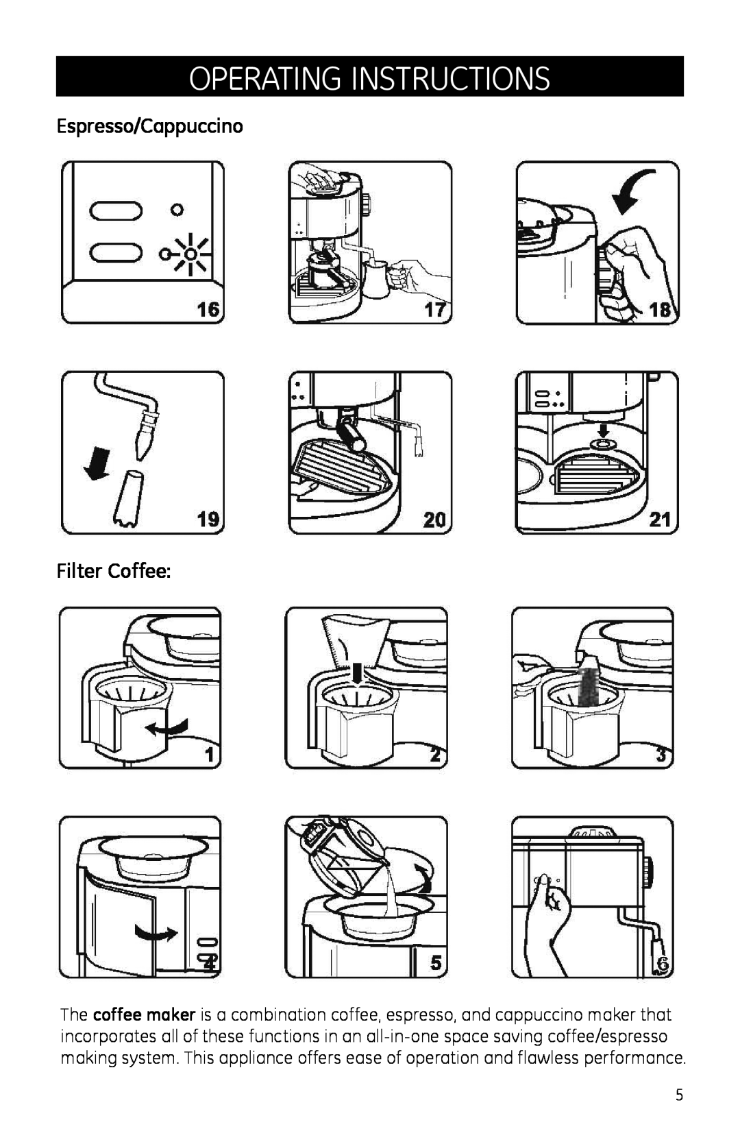 GE 681131690690 manual Espresso/Cappuccino Filter Coffee, operating instructions 