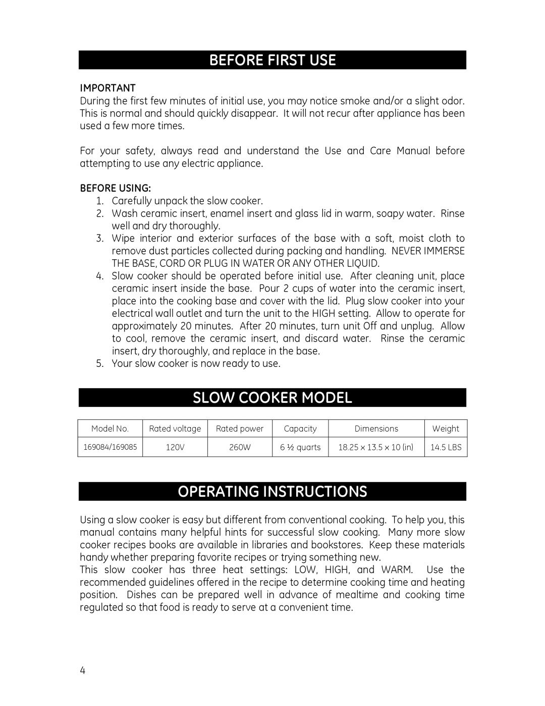 GE 681131690843, 681131690850 manual Before First USE, Slow Cooker Model, Operating Instructions, Before Using 