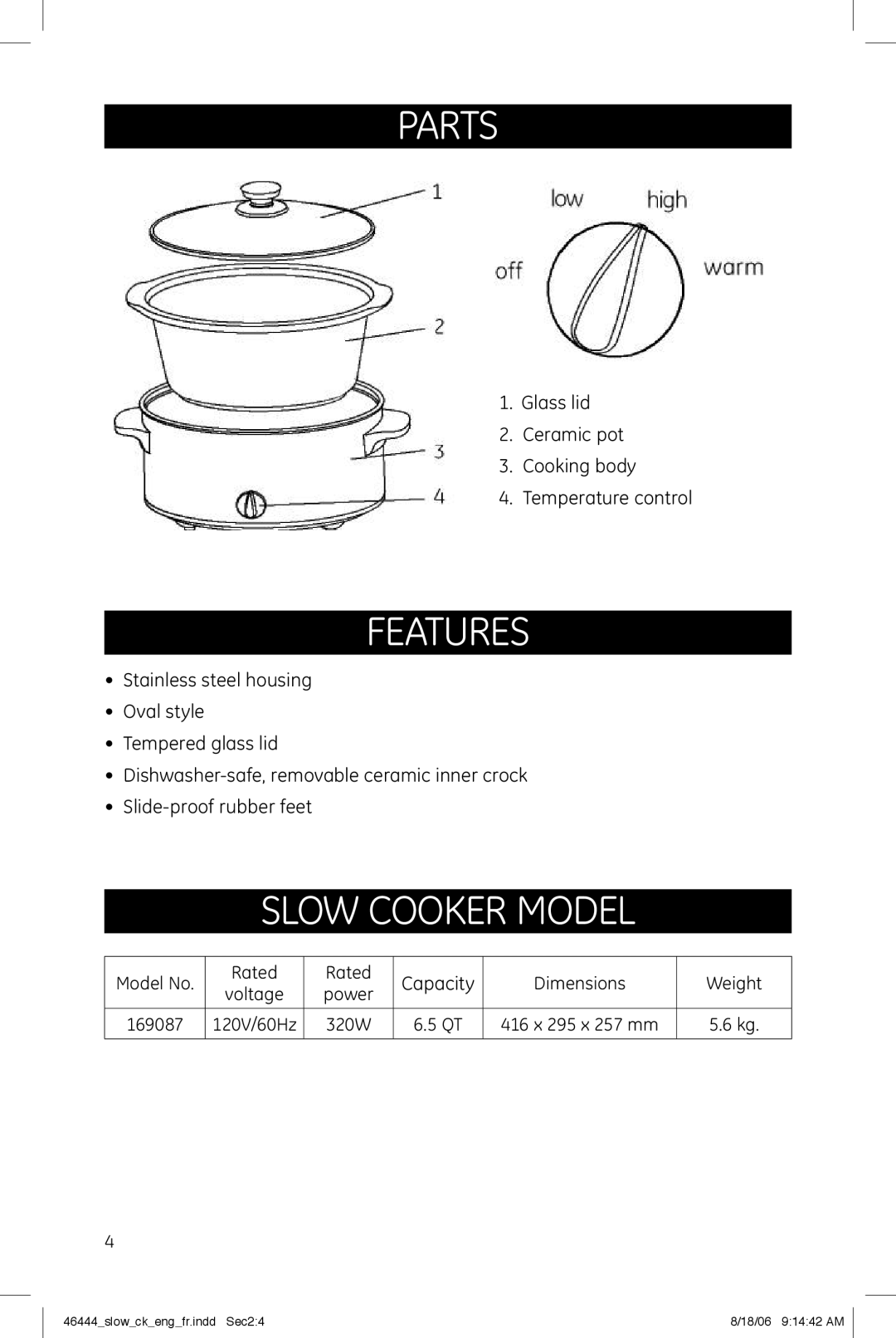 GE 681131690874 manual Parts, Features, Slow Cooker Model 