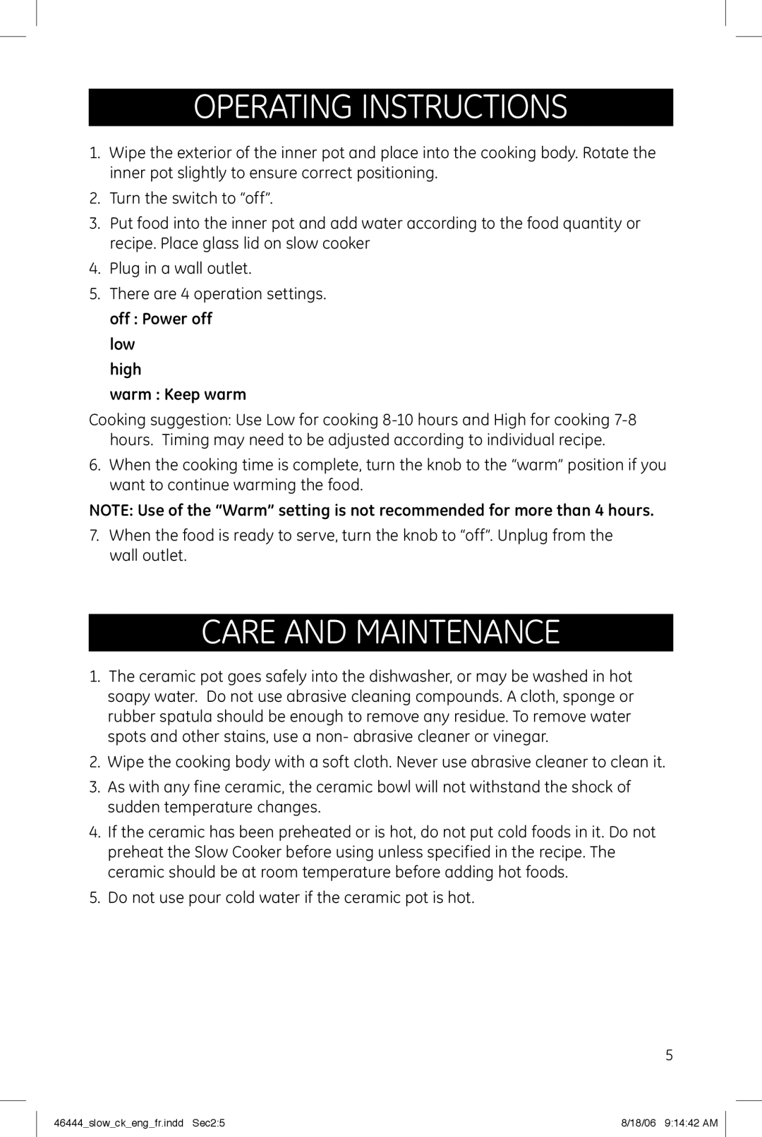 GE 681131690874 manual Operating Instructions, Care and Maintenance 