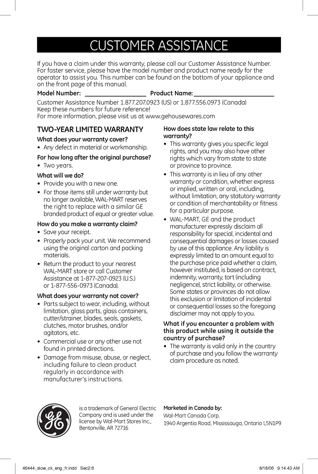 GE 681131690874 manual Customer Assistance, Model Number Product Name 