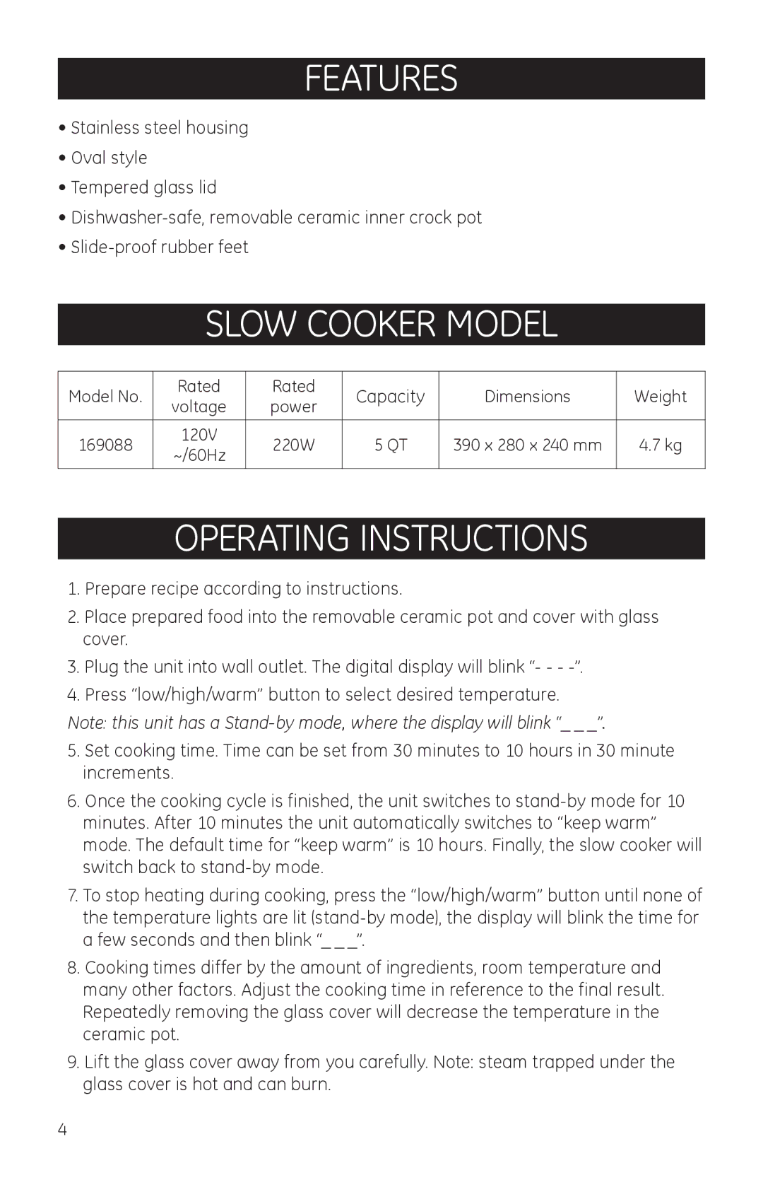 GE 681131690881 manual Features, Slow Cooker Model, Operating Instructions 