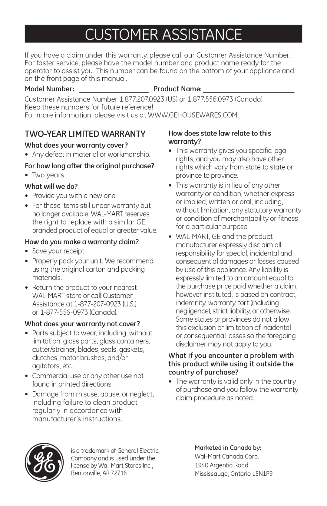 GE 681131690881 manual Customer Assistance, Two-Year Limited Warranty 