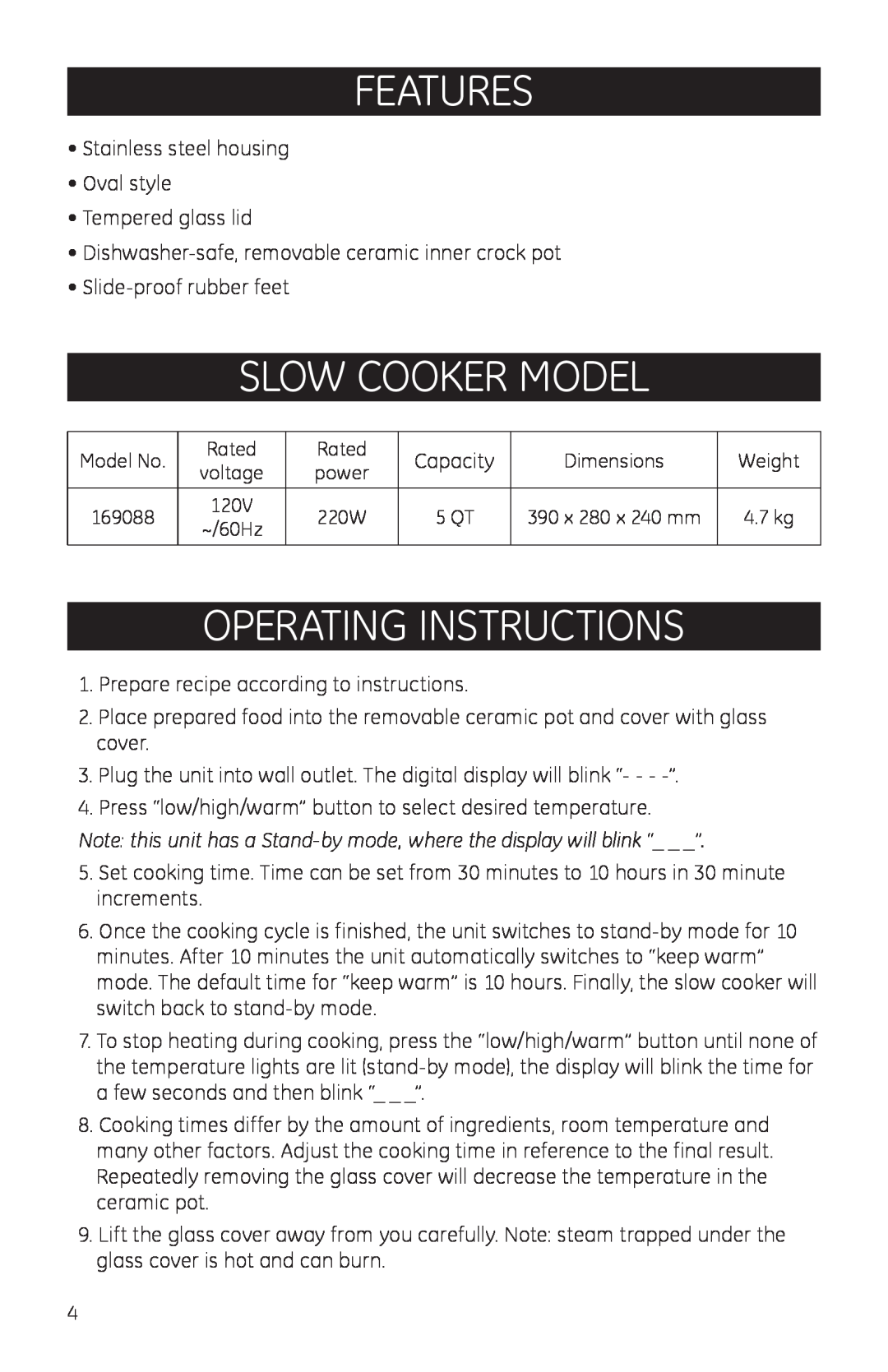 GE 681131690881 manual Features, Slow Cooker Model, Operating Instructions 