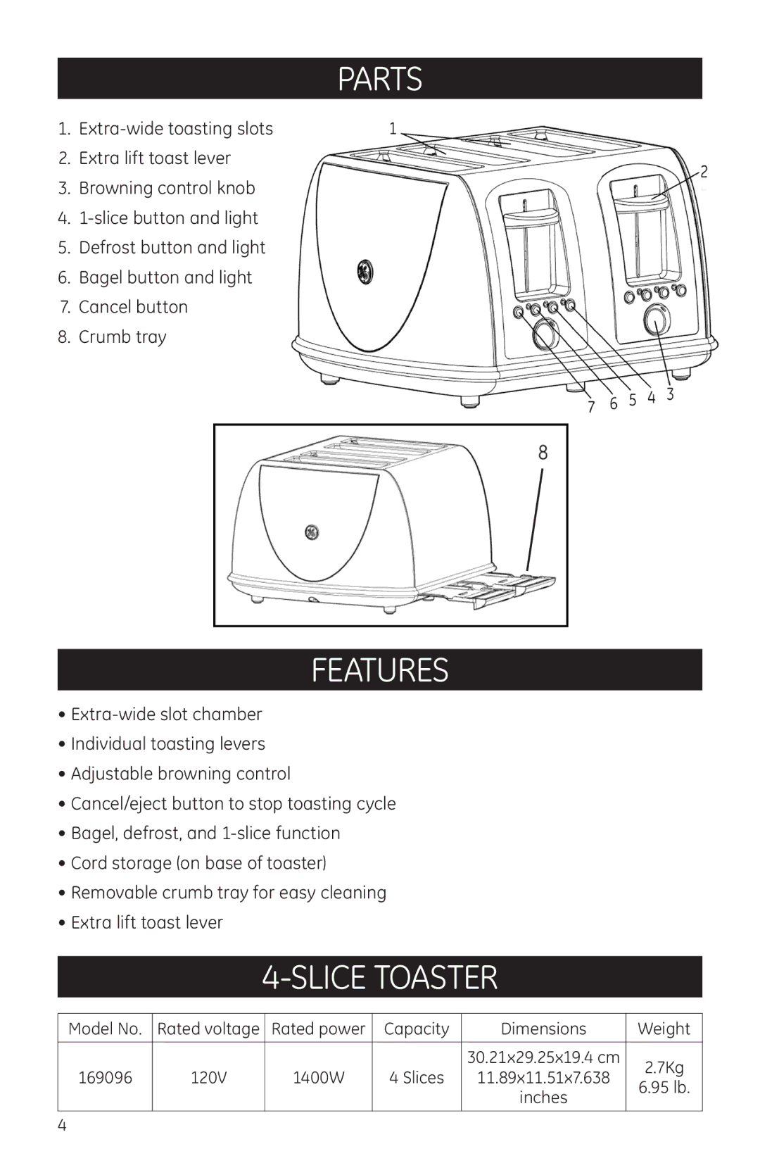 GE 681131690966 manual Parts, Features, Slice Toaster 