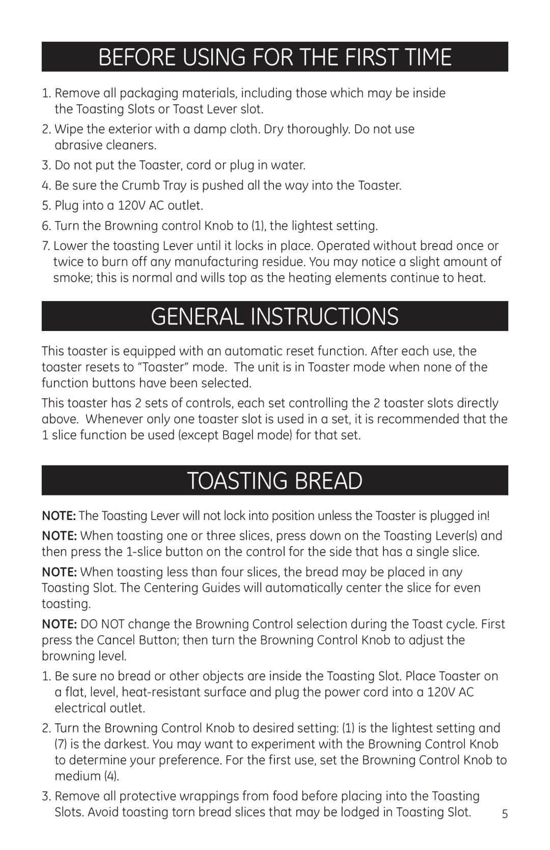 GE 681131690966 manual Before using for the first time, General instructions, Toasting bread 