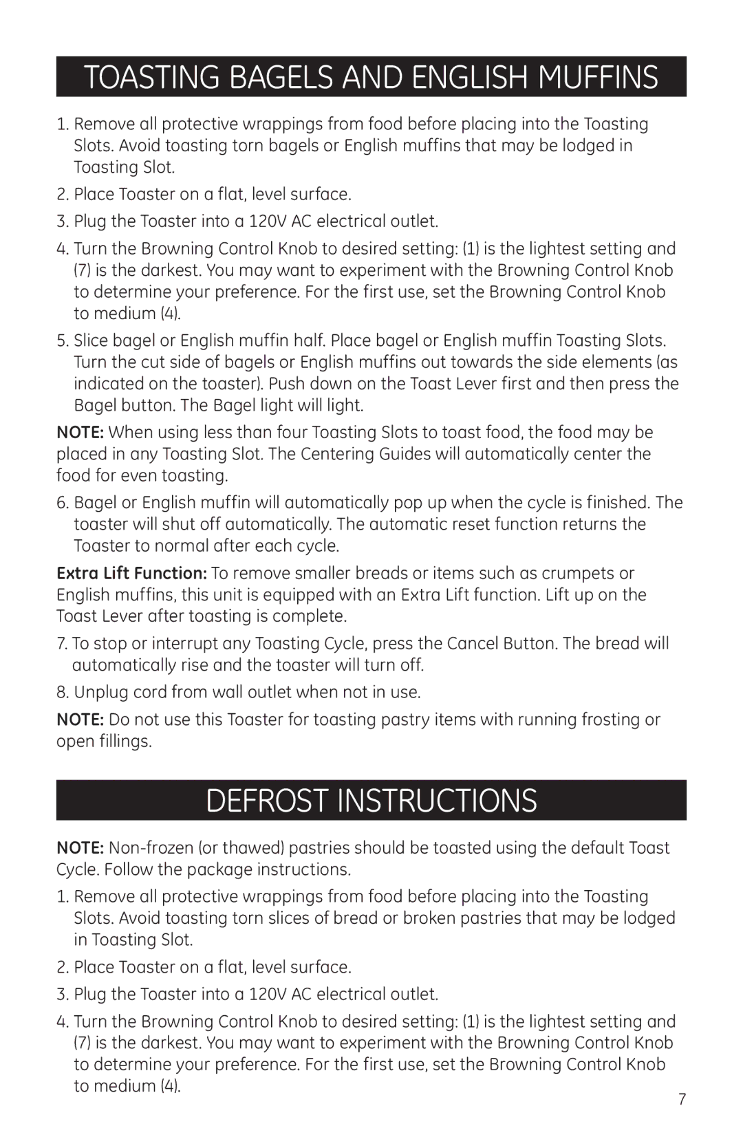 GE 681131690966 manual Toasting Bagels and English Muffins, Defrost instructions 