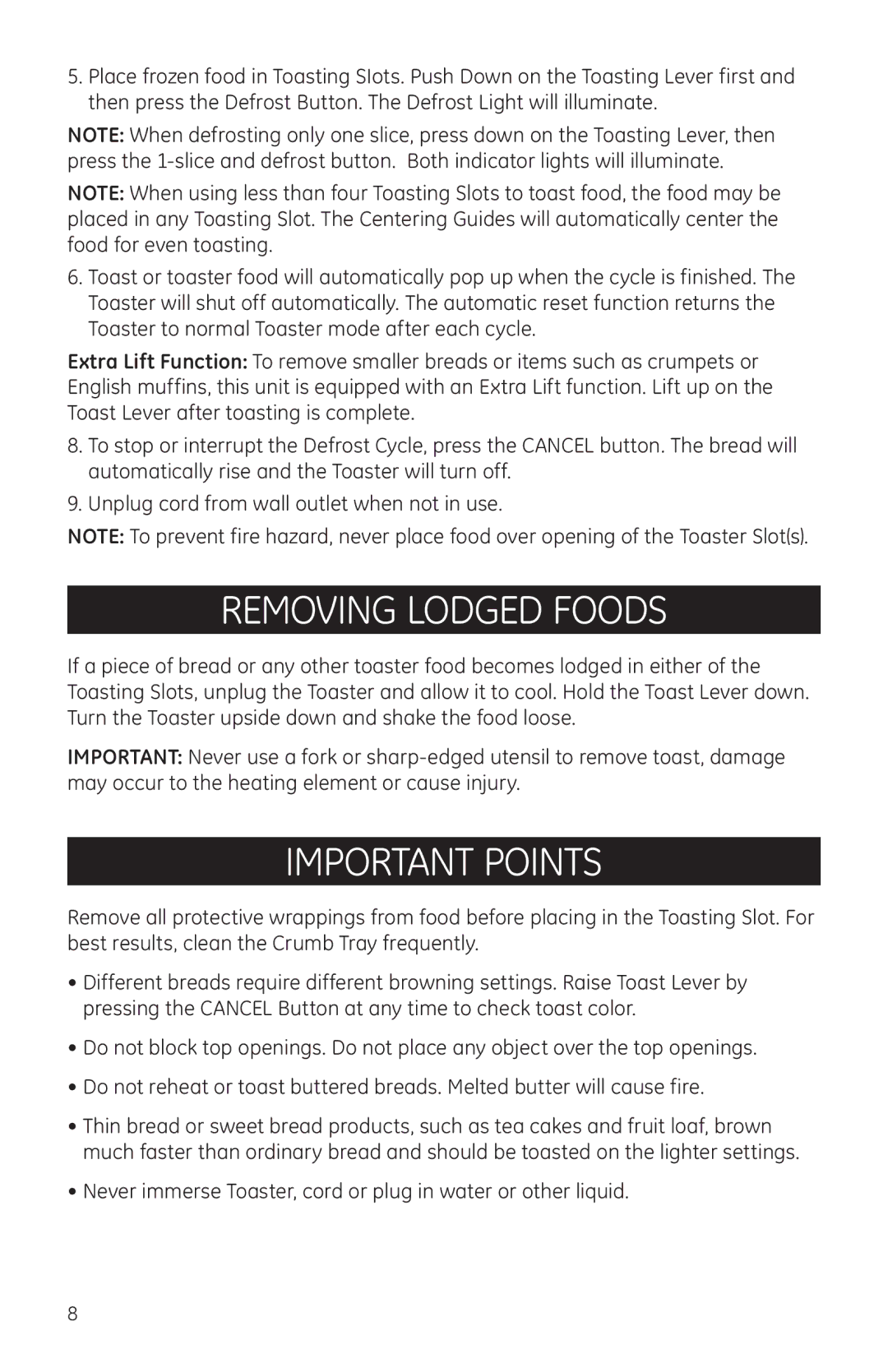 GE 681131690966 manual Removing Lodged Foods, Important Points 