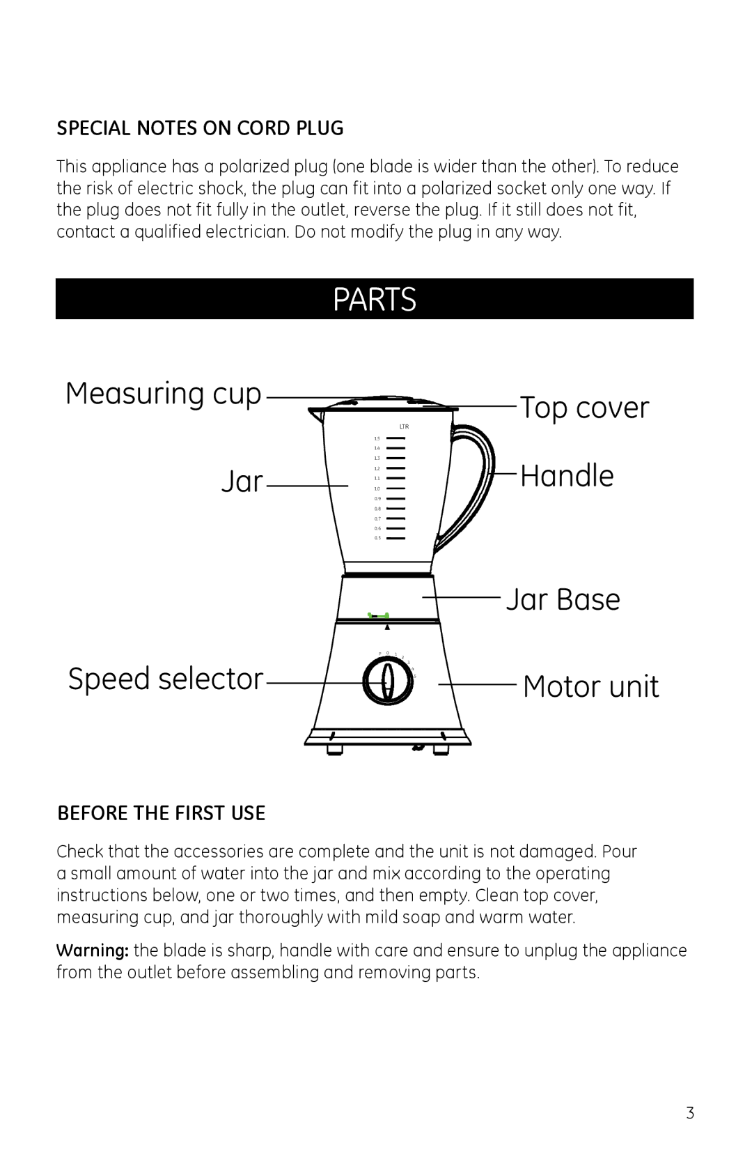 GE 681131690997 manual Parts, Special Notes on Cord Plug 