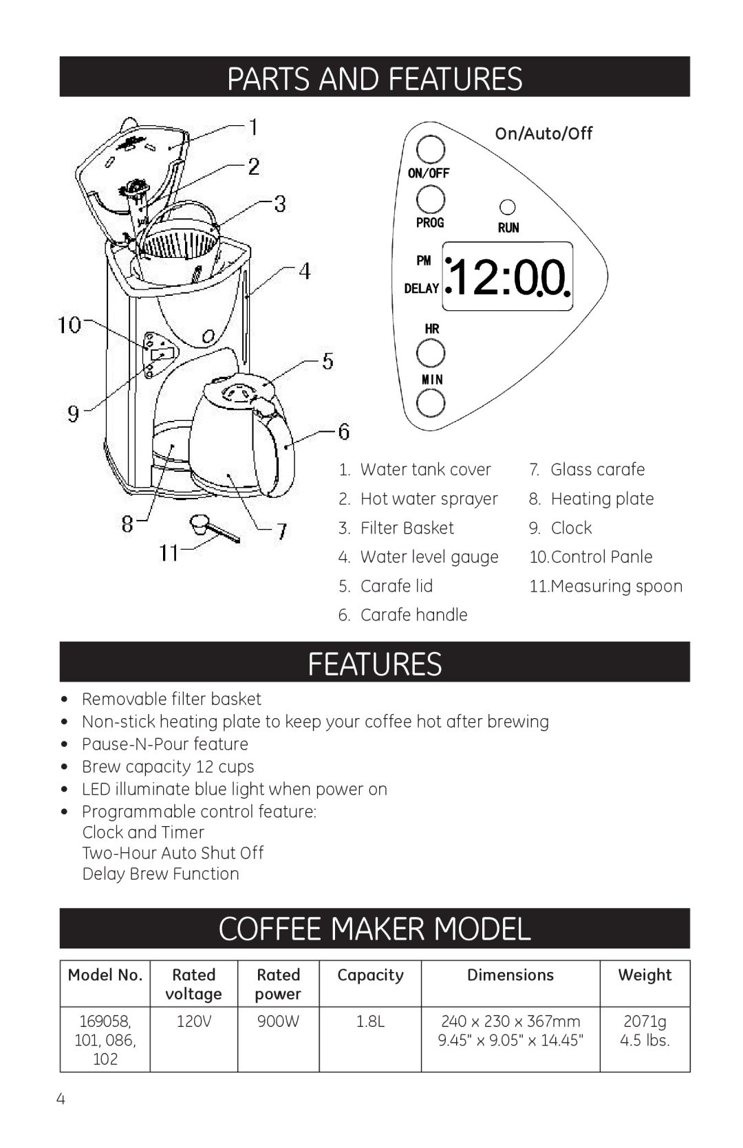 GE 681131691024, 681131691017, 681131690867, 681131690584 manual Parts and Features, Coffee maker model 