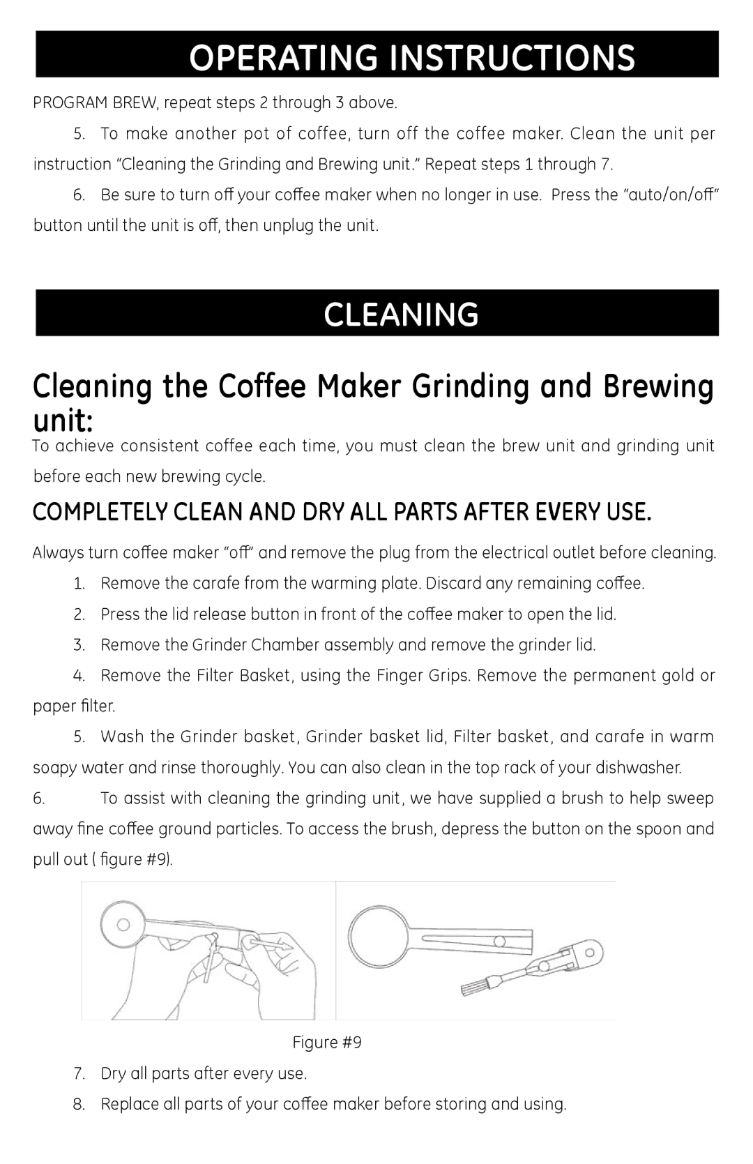 GE 681131691031 manual Cleaning the Coffee Maker Grinding and Brewing unit 