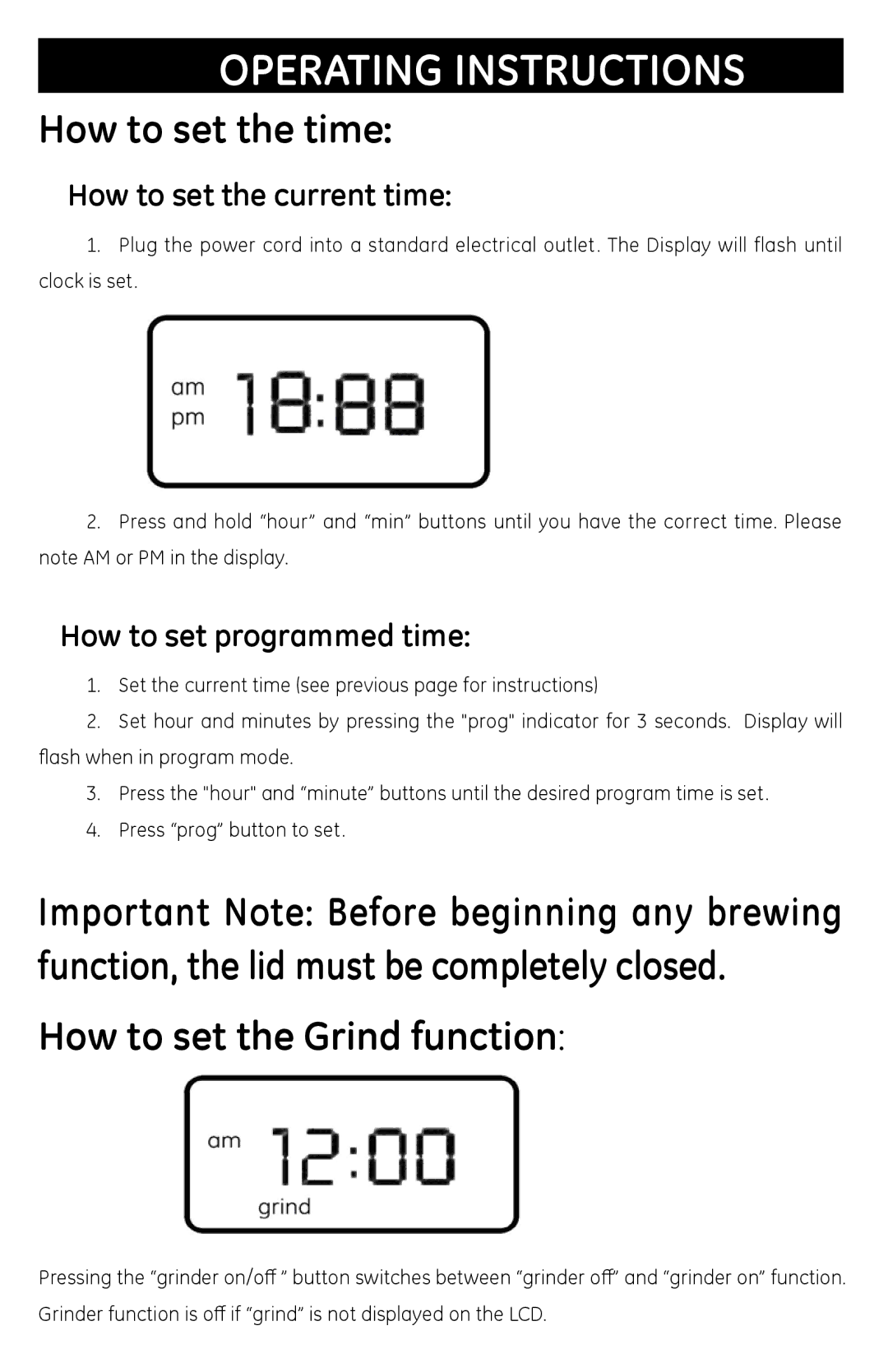 GE 681131691031 manual How to set the time, How to set the Grind function, How to set the current time 