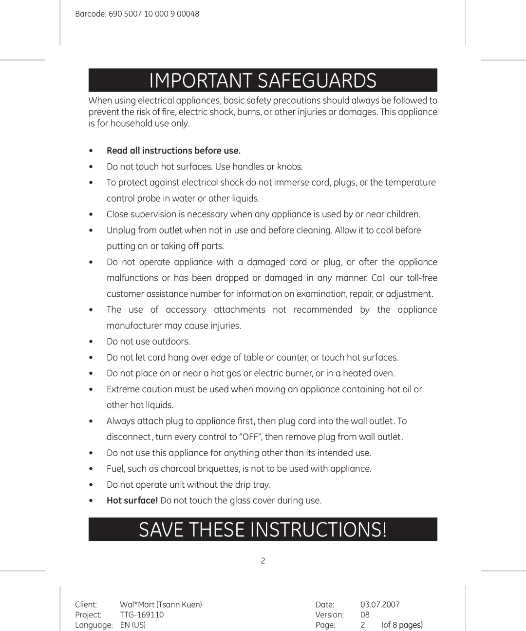 GE 681131691109 manual Important Safeguards, Read all instructions before use 