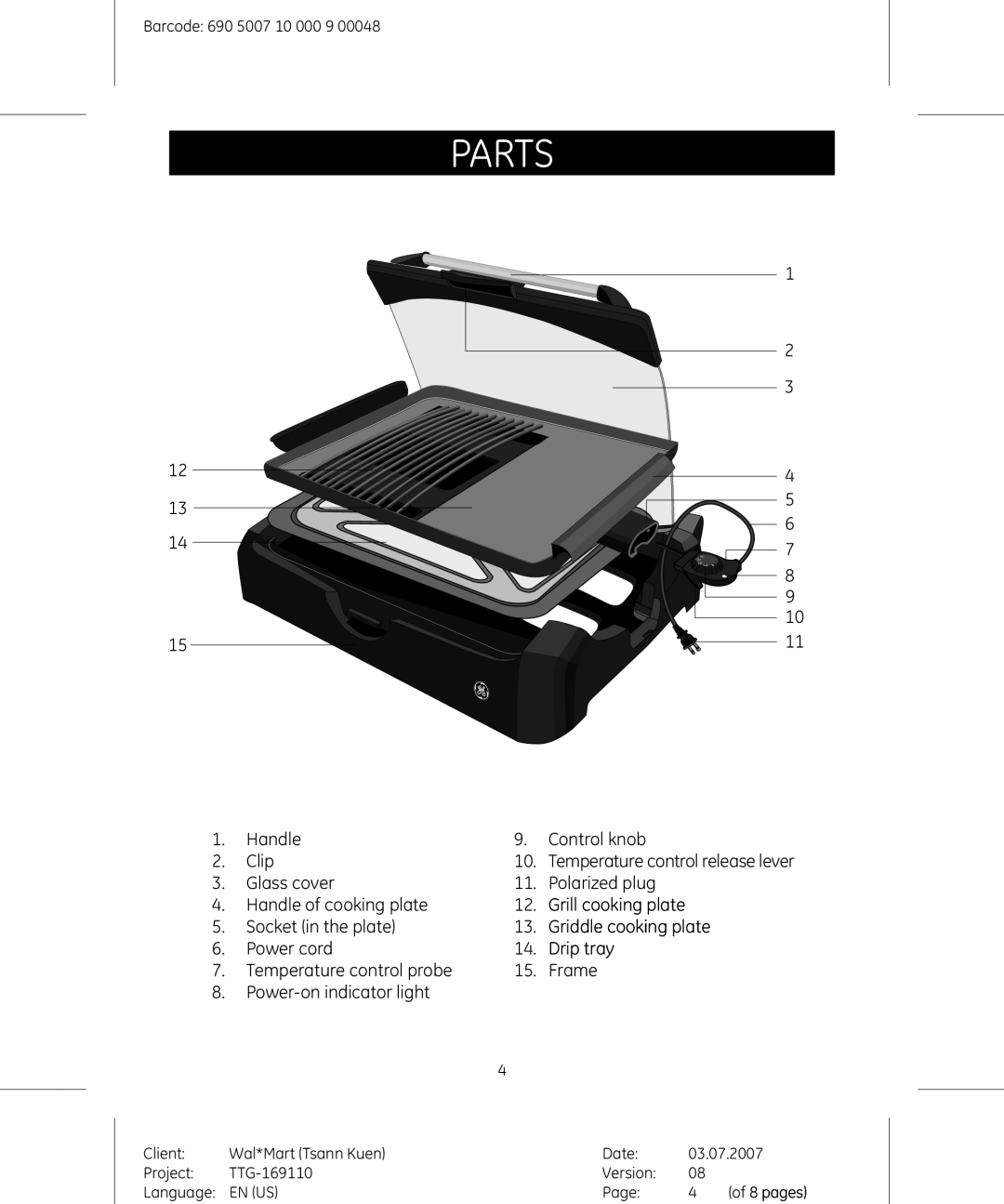 GE 681131691109 manual Parts, Grill cooking p late, Griddle cooking p late, Dri p tray 