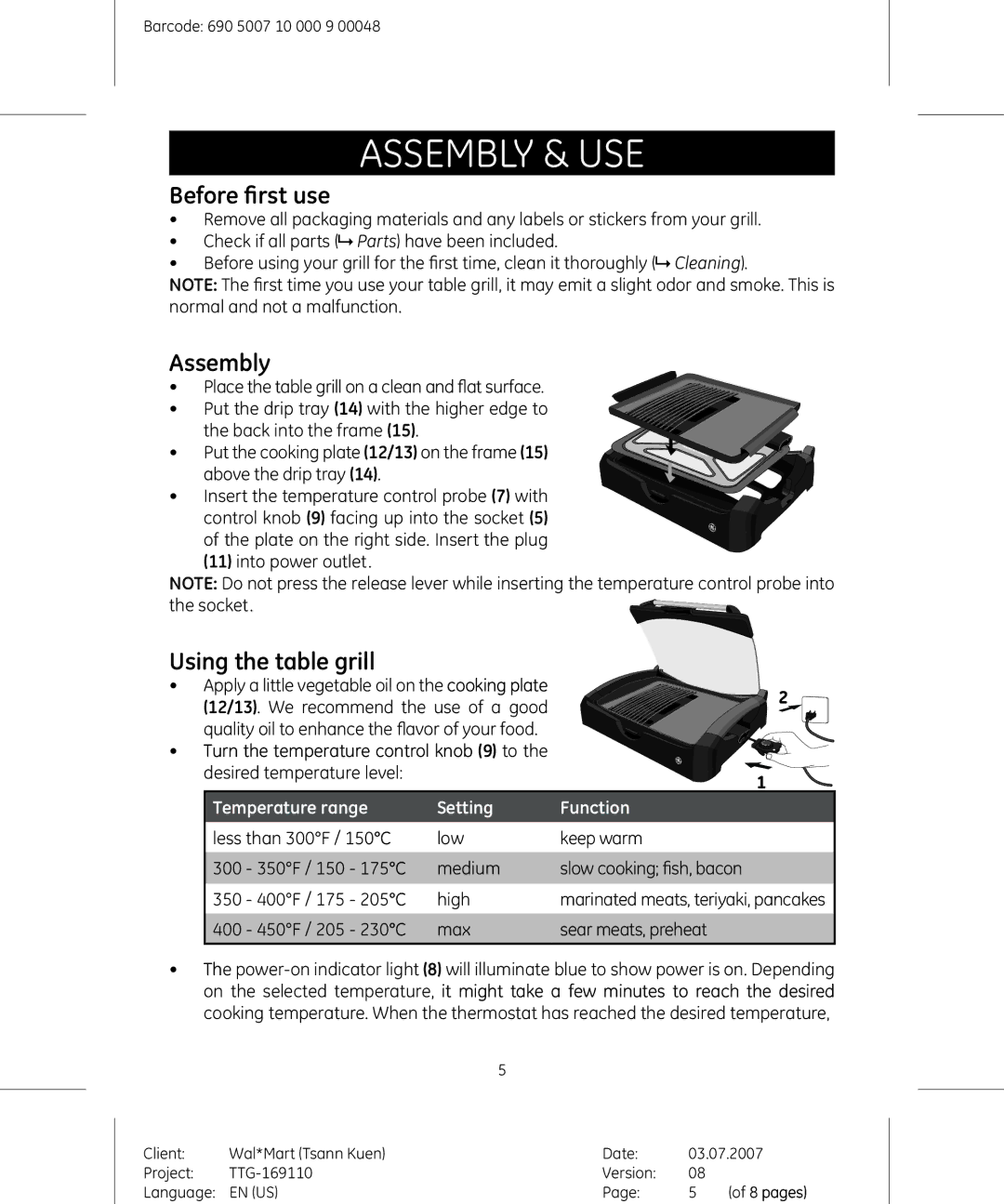 GE 681131691109 manual Assembly & use, Before first use, Using the table grill, Temperature range Setting Function 