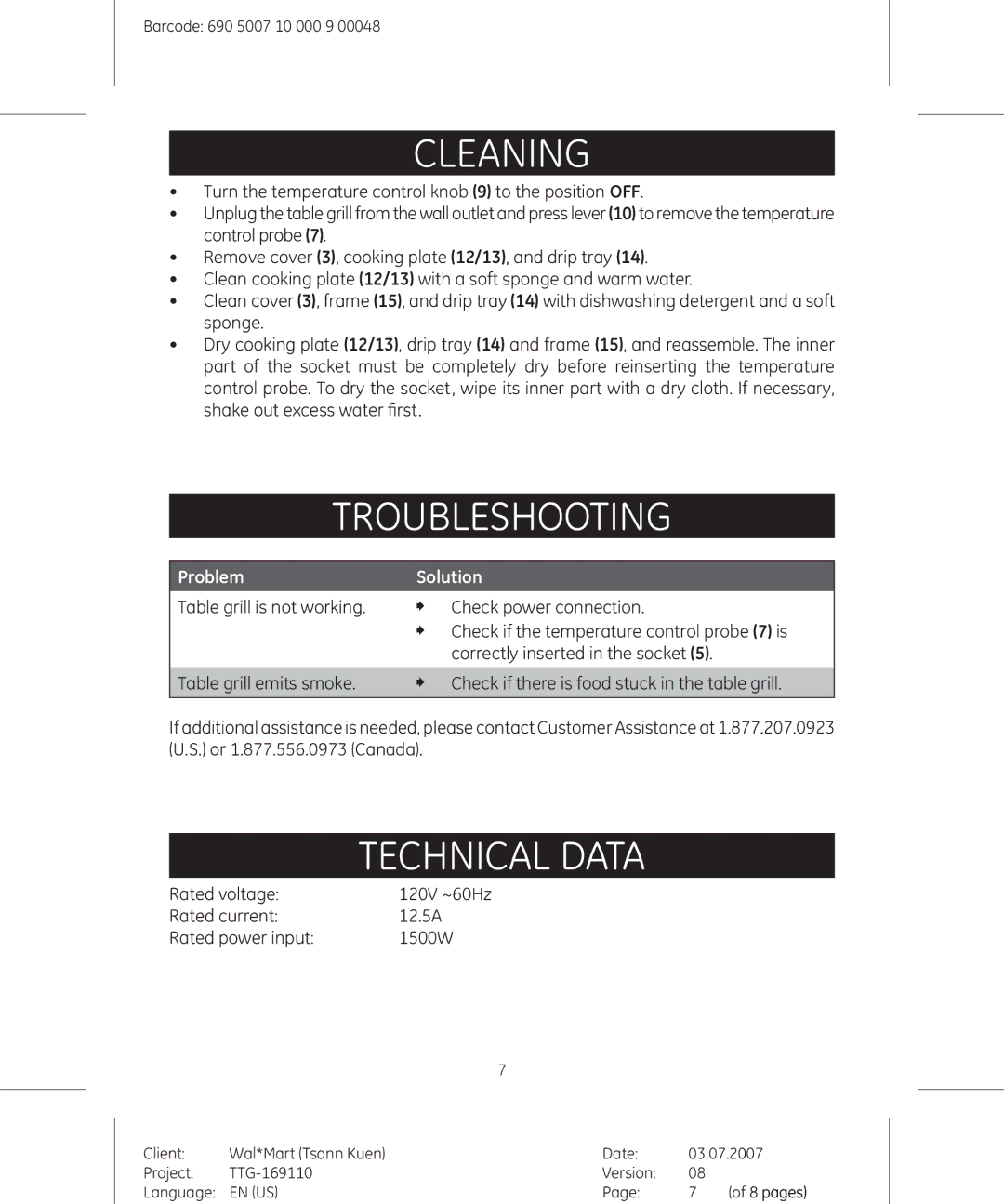 GE 681131691109 manual Troubleshooting, Technical data, Problem Solution 