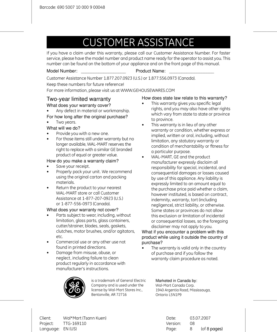 GE 681131691109 manual Customer Assistance, Model Number 