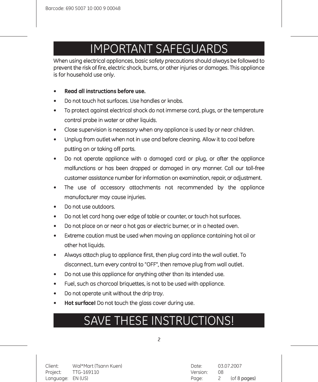 GE 681131691109 manual Important Safeguards, Save these instructions, Read all instructions before use 