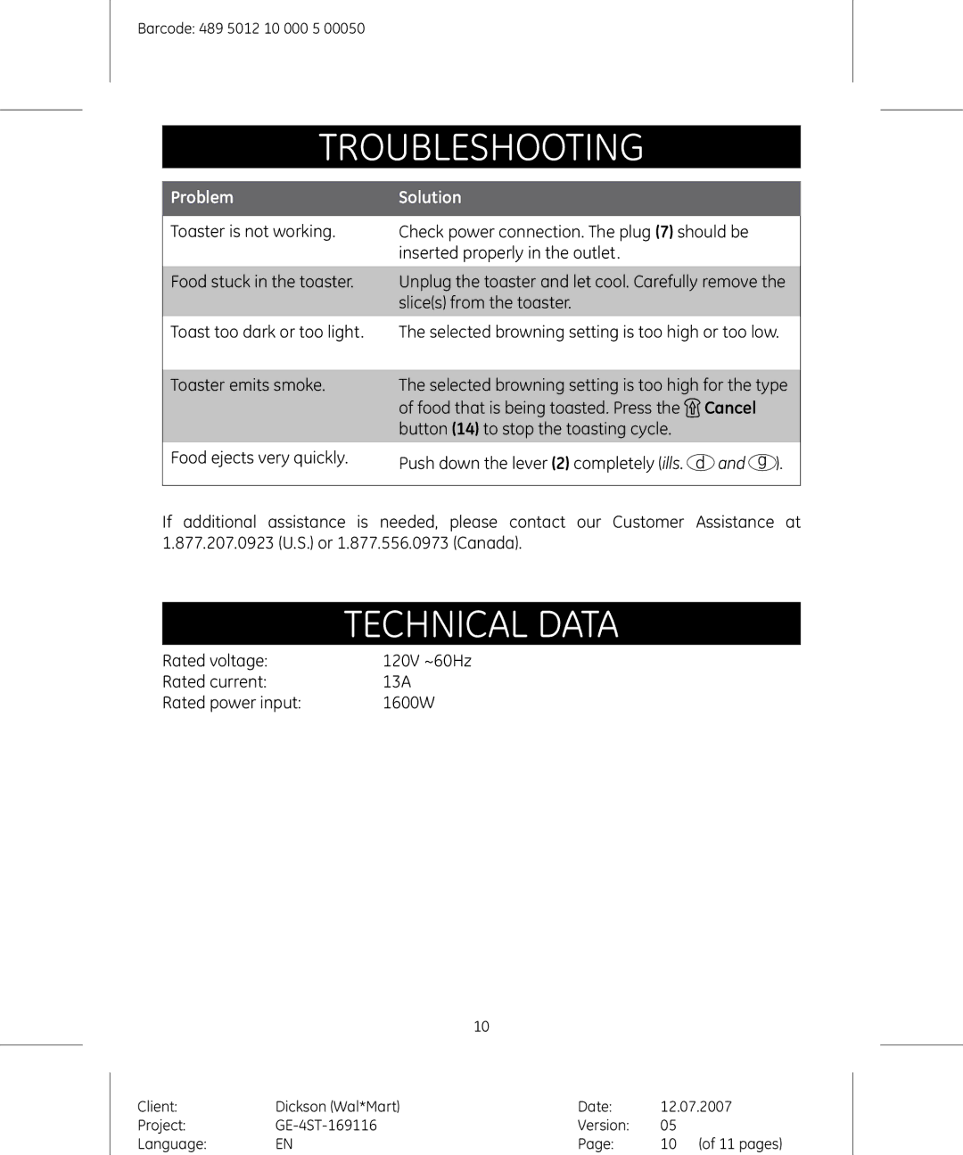 GE 681131691154 manual Troubleshooting, Technical data, Problem, Solution 