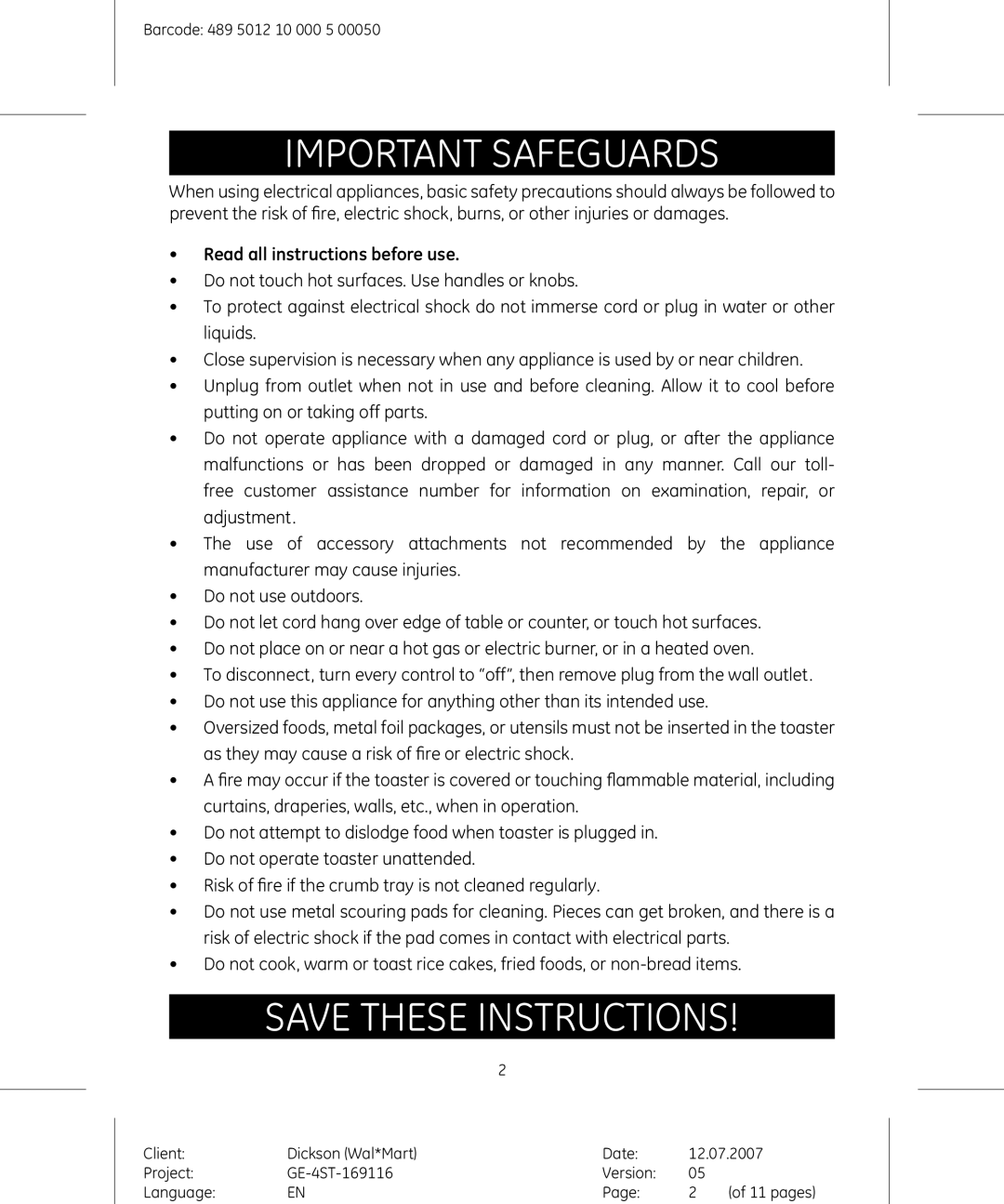 GE 681131691154 manual Important Safeguards, Read all instructions before use 