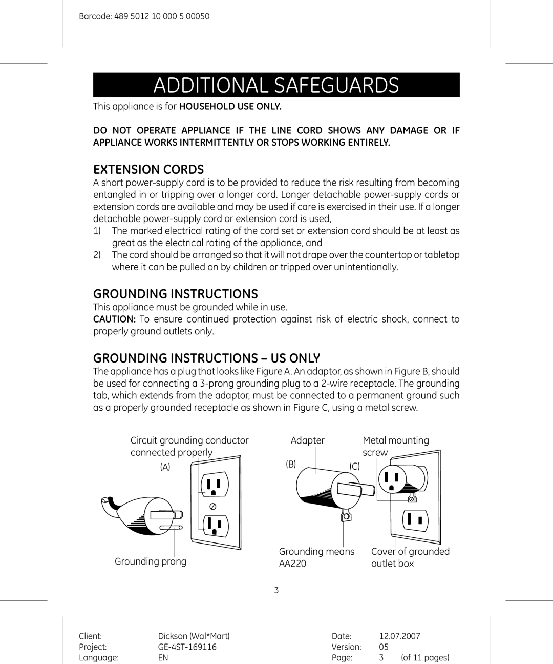 GE 681131691154 manual Additional Safeguards, Extension Cords 