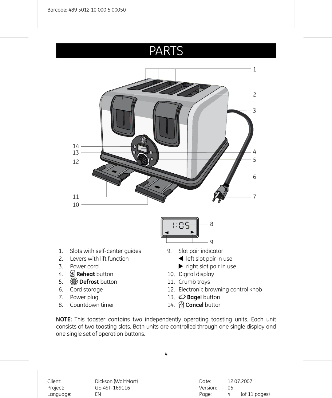 GE 681131691154 manual Parts, Reheat button, Defrost button, Bagel button, Cancel button 