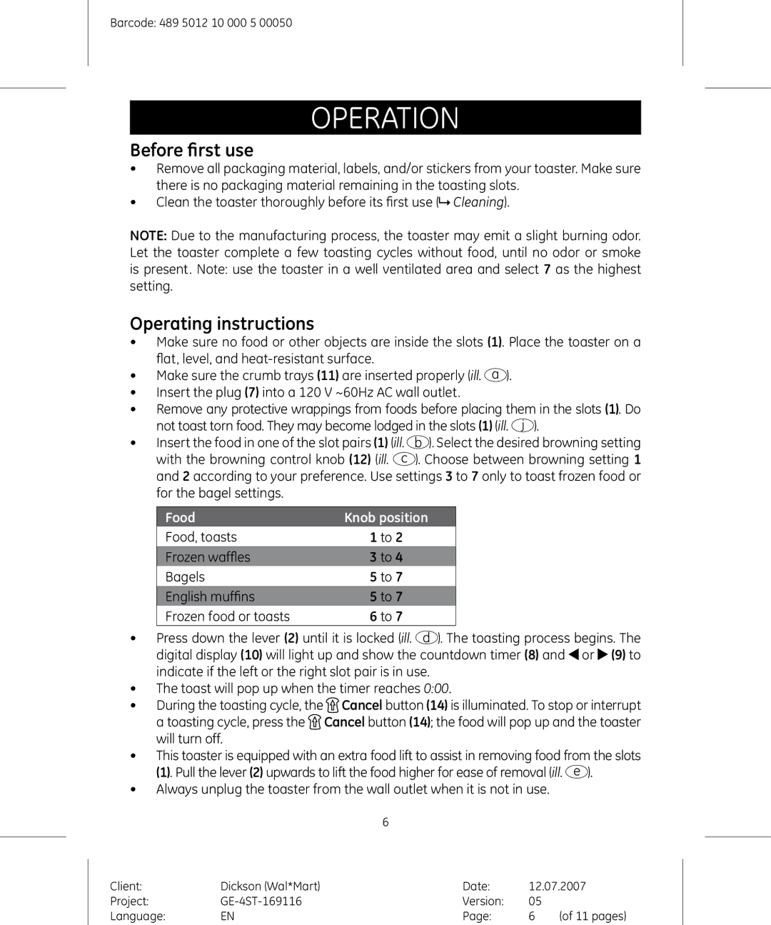 GE 681131691154 manual Operation, Before first use, Operating instructions, Food 