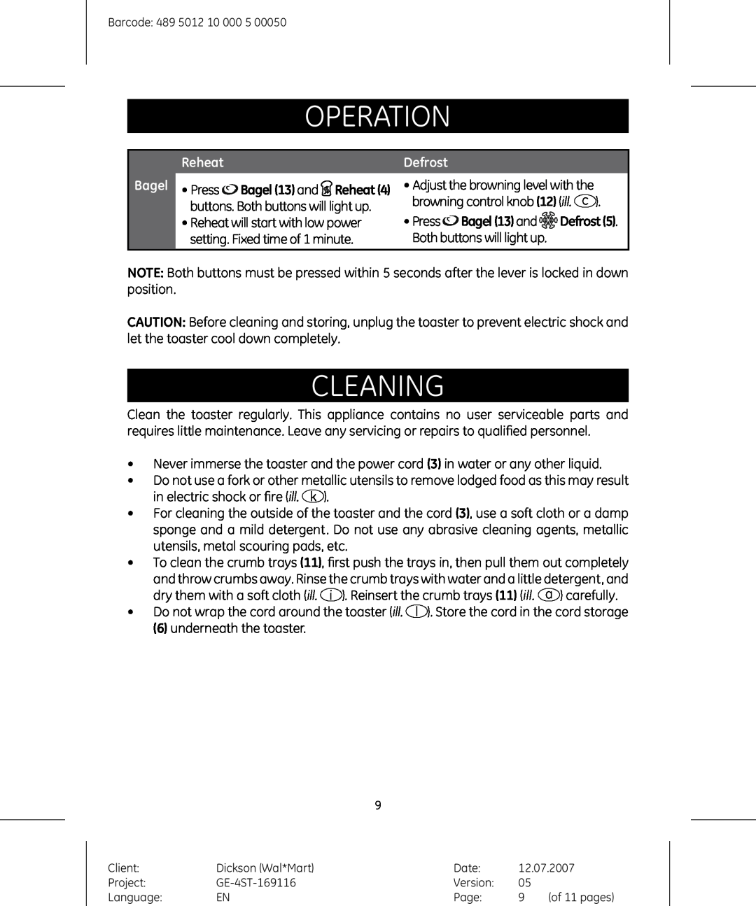 GE 681131691154 manual cleaning, Reheat, Defrost, operation 