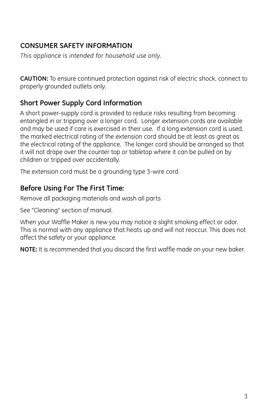 GE 681131691185 manual Consumer Safety Information, Short Power Supply Cord Information, Before Using For The First Time 