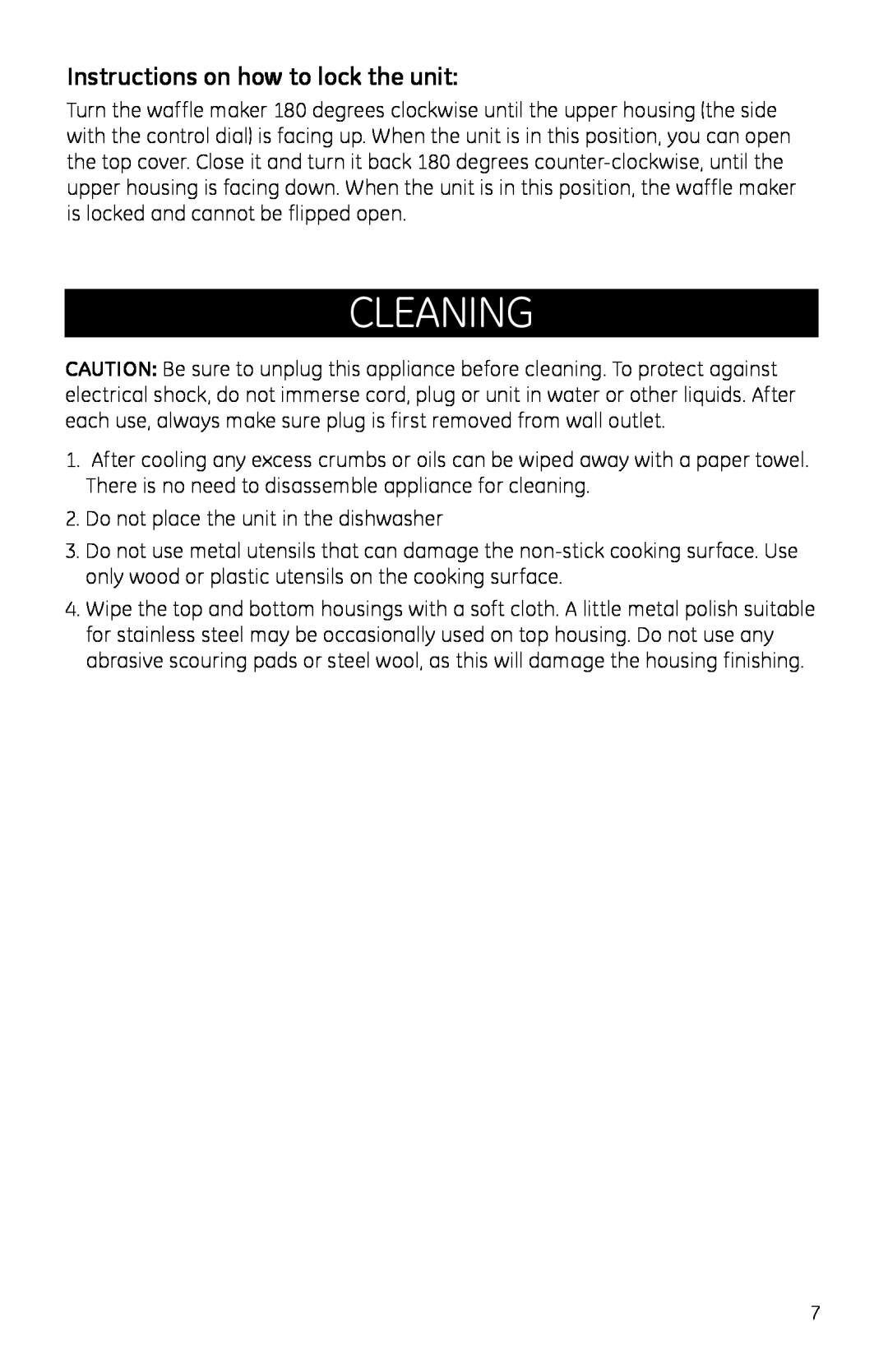 GE 681131691185 manual Cleaning, Instructions on how to lock the unit 