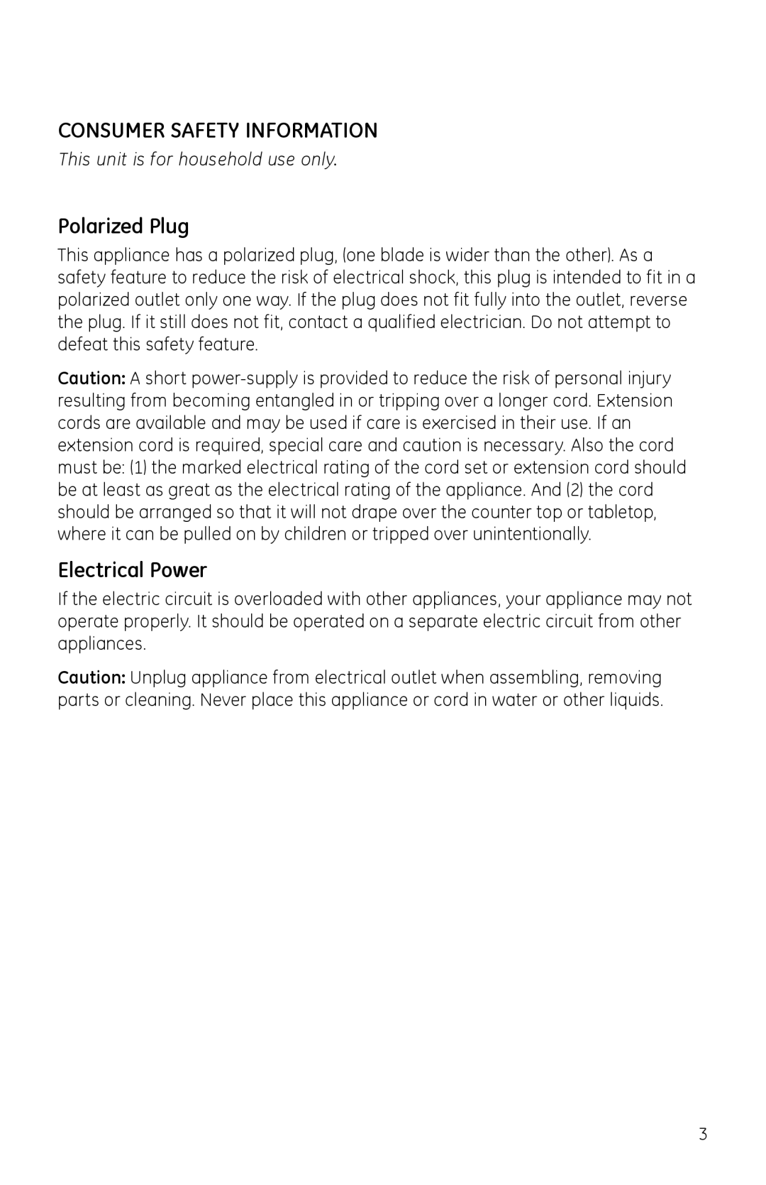 GE 681131691277, 681131691406 manual Consumer Safety Information, Polarized Plug, Electrical Power 