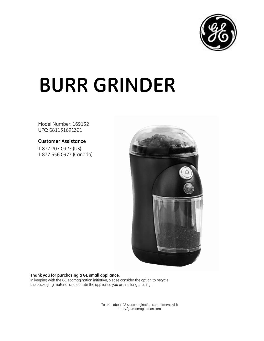 GE 681131691321 manual Burr Grinder 