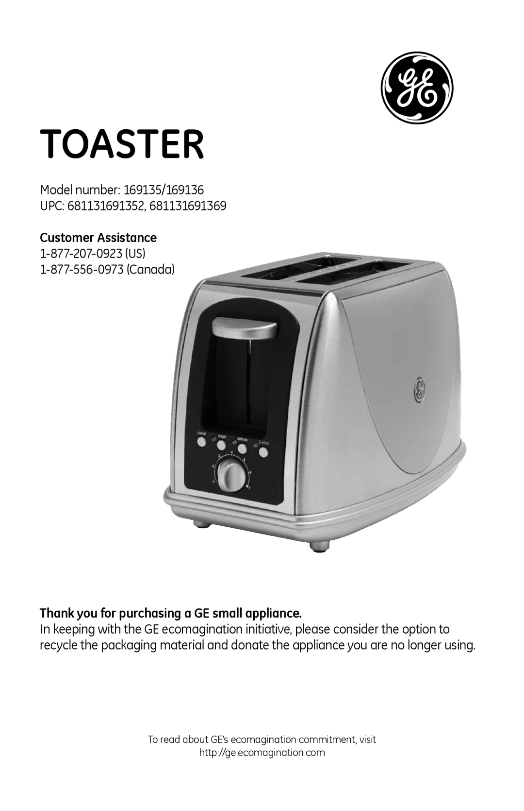 GE 169075, 681131691352, 169100, 681131691369 manual Toaster 