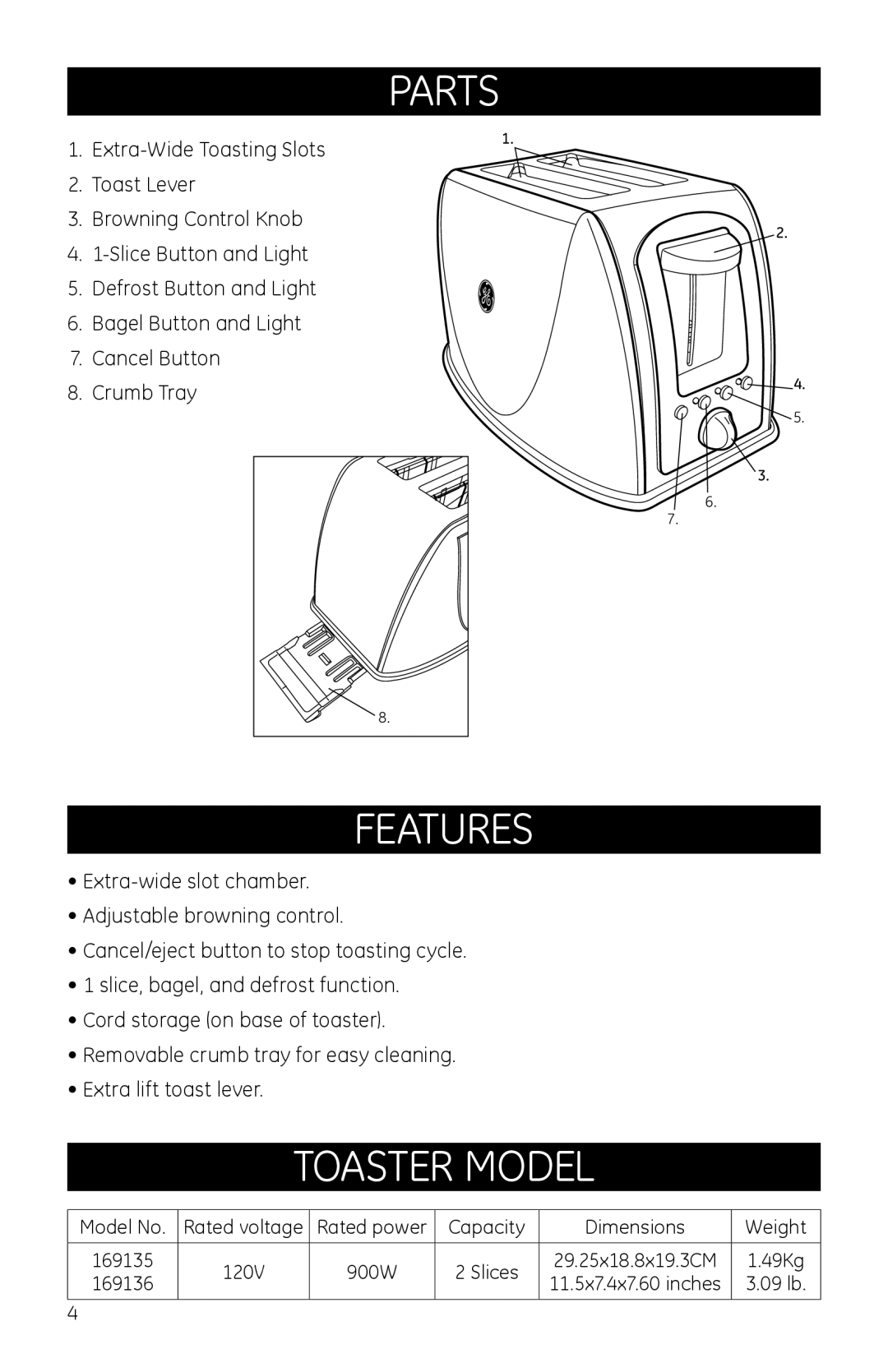 GE 681131691352, 169075, 169100, 681131691369 manual Parts, Features, Toaster Model 