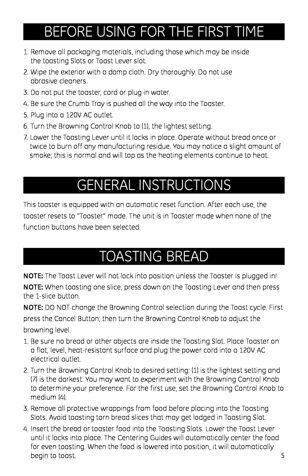 GE 681131691369, 681131691352, 169075, 169100 manual before using for the first time, general instructions, toasting bread 