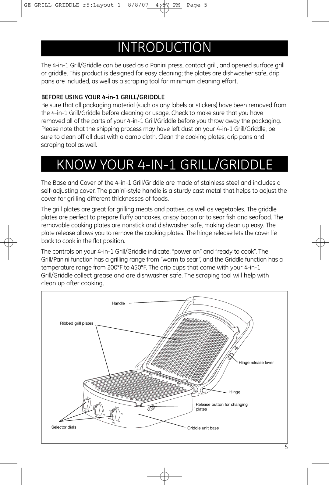 GE 681131691482 manual Introduction, Know Your 4-IN-1 GRILL/GRIDDLE, Before Using Your 4-in-1 GRILL/GRIDDLE 