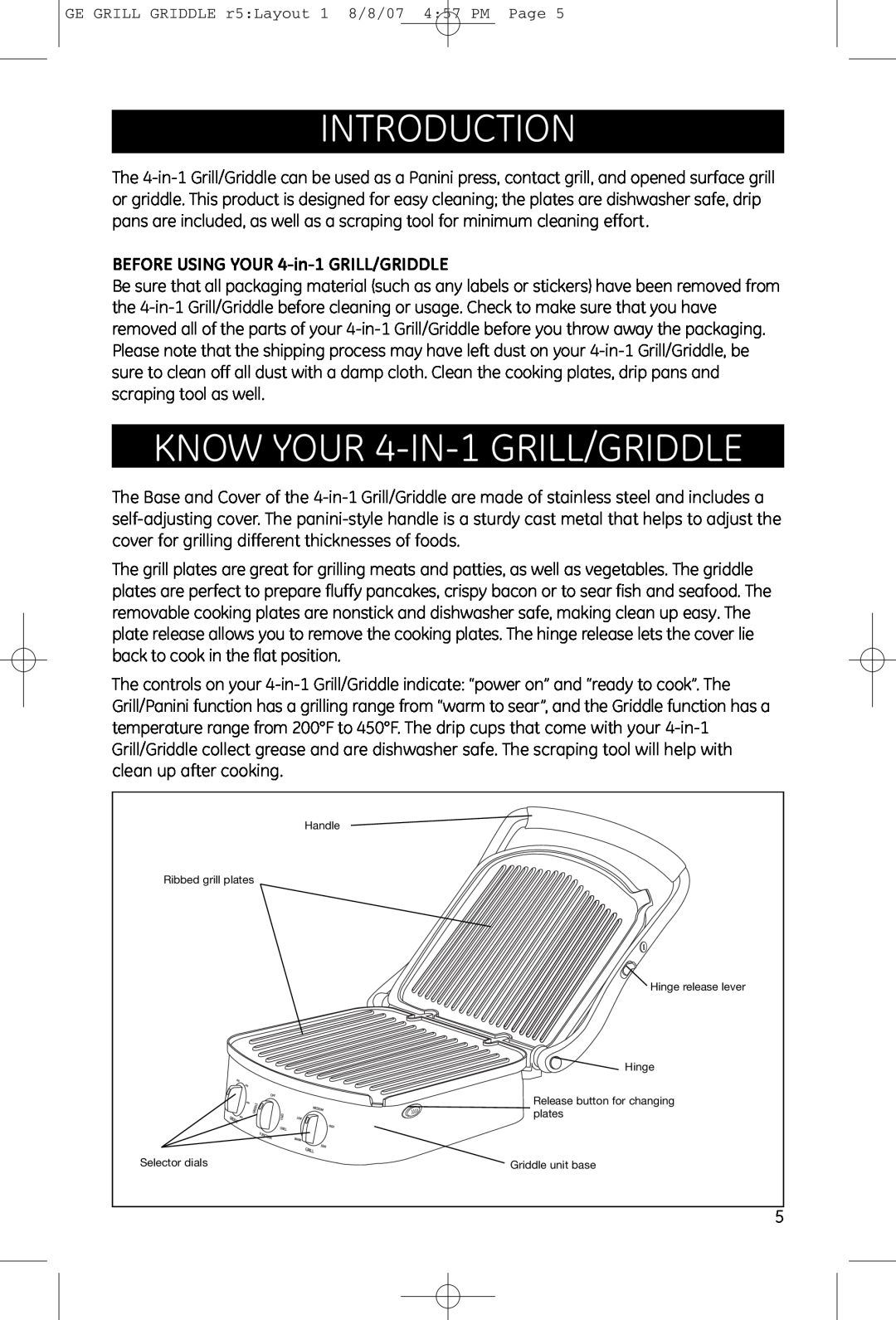 GE 681131691482 manual Introduction, KNOW YOUR 4-IN-1GRILL/GRIDDLE, BEFORE USING YOUR 4-in-1GRILL/GRIDDLE 