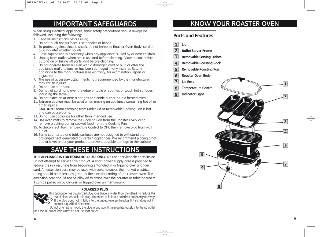 GE 681131691543 warranty Know Your Roaster Oven, Parts and Features, Polarized Plug 