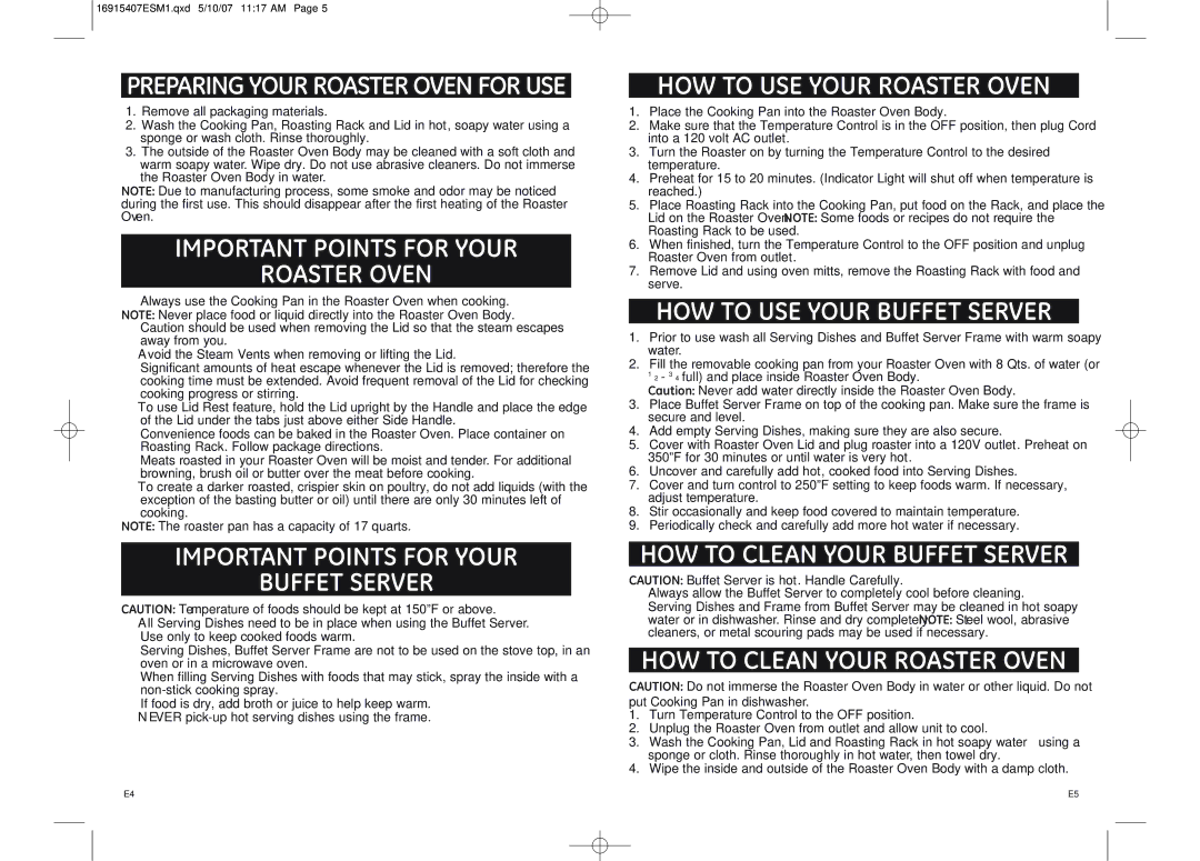 GE 681131691543 warranty Important Points for Your Roaster Oven, Important Points for Your Buffet Server 