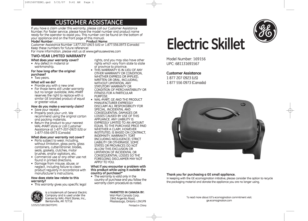 GE 169156 warranty Customer Assistance, ElectricSkillet g, Model Number UPC, 1 877 207 0923 US 1 877 556 0973 Canada 
