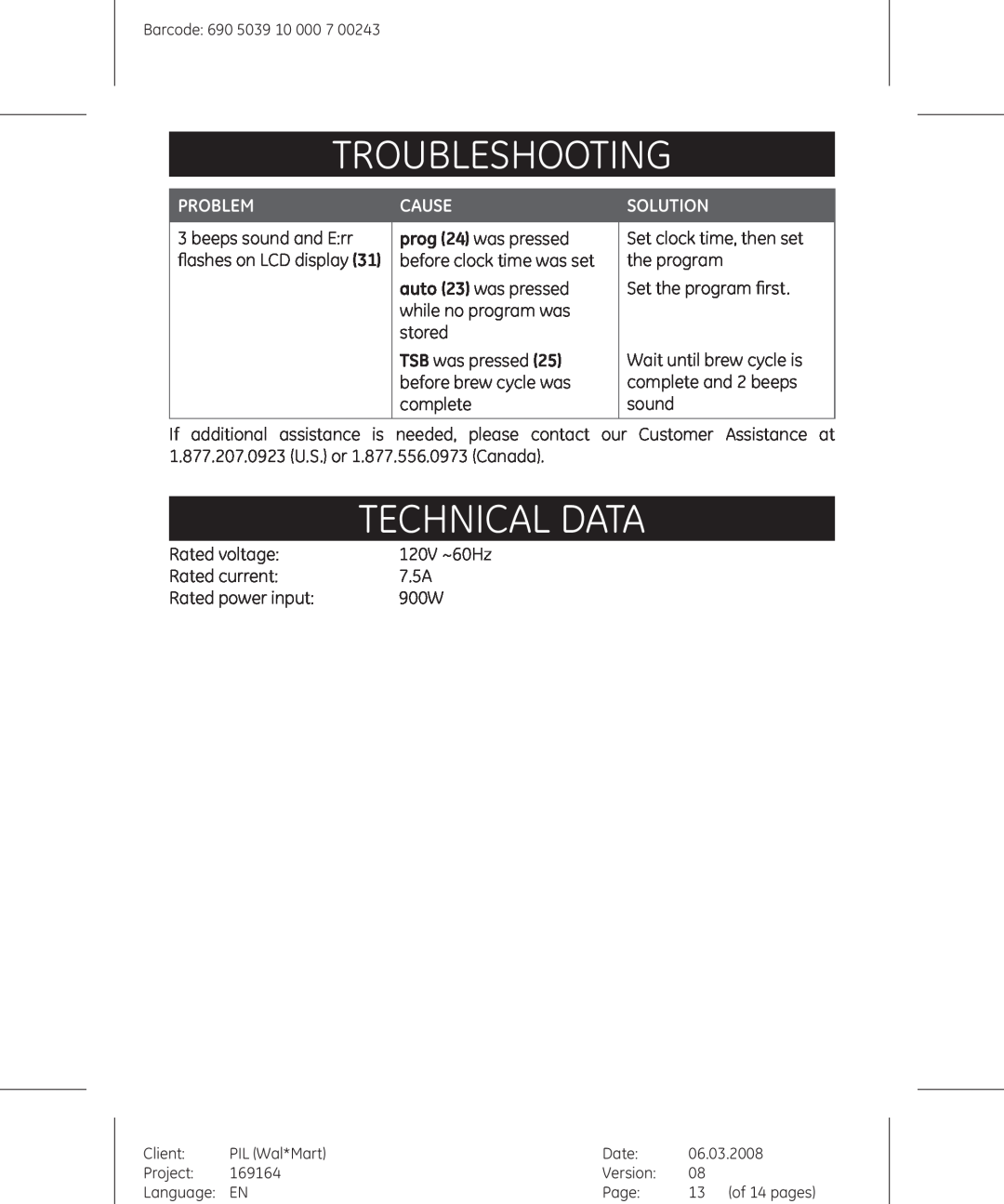 GE 690503910000700243, 681131691642 manual Technical data, troubleshOoting, Problem, Cause, Solution 