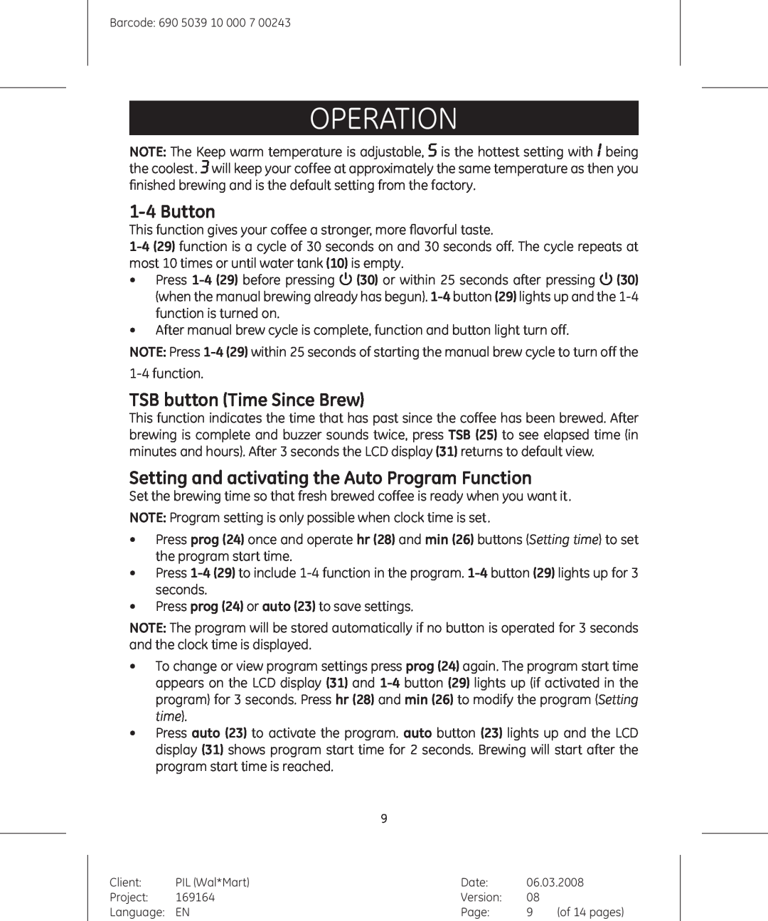 GE 690503910000700243 1-4Button, TSB button Time Since Brew, Setting and activating the Auto Program Function, operation 