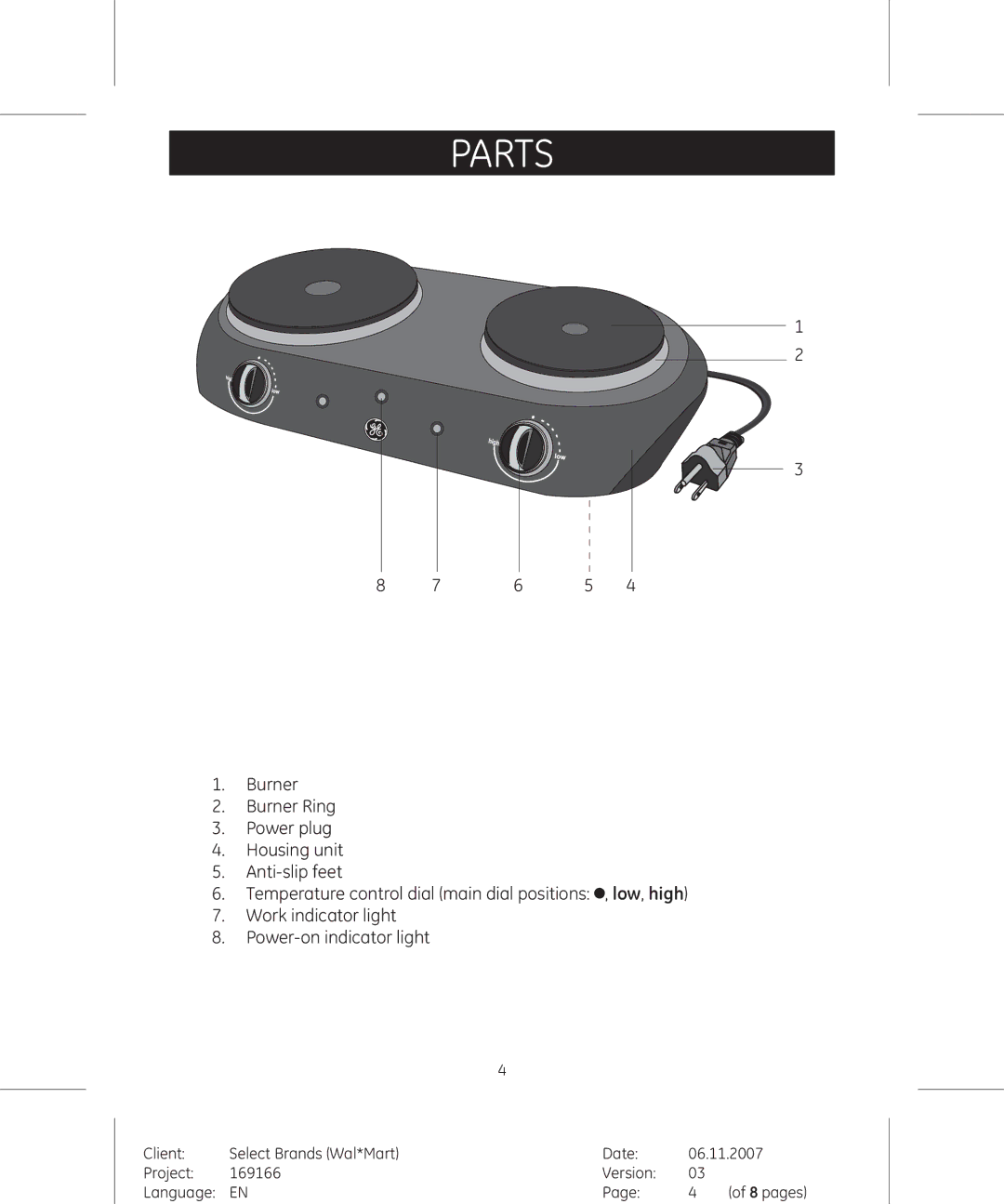 GE 681131691666 manual Parts 