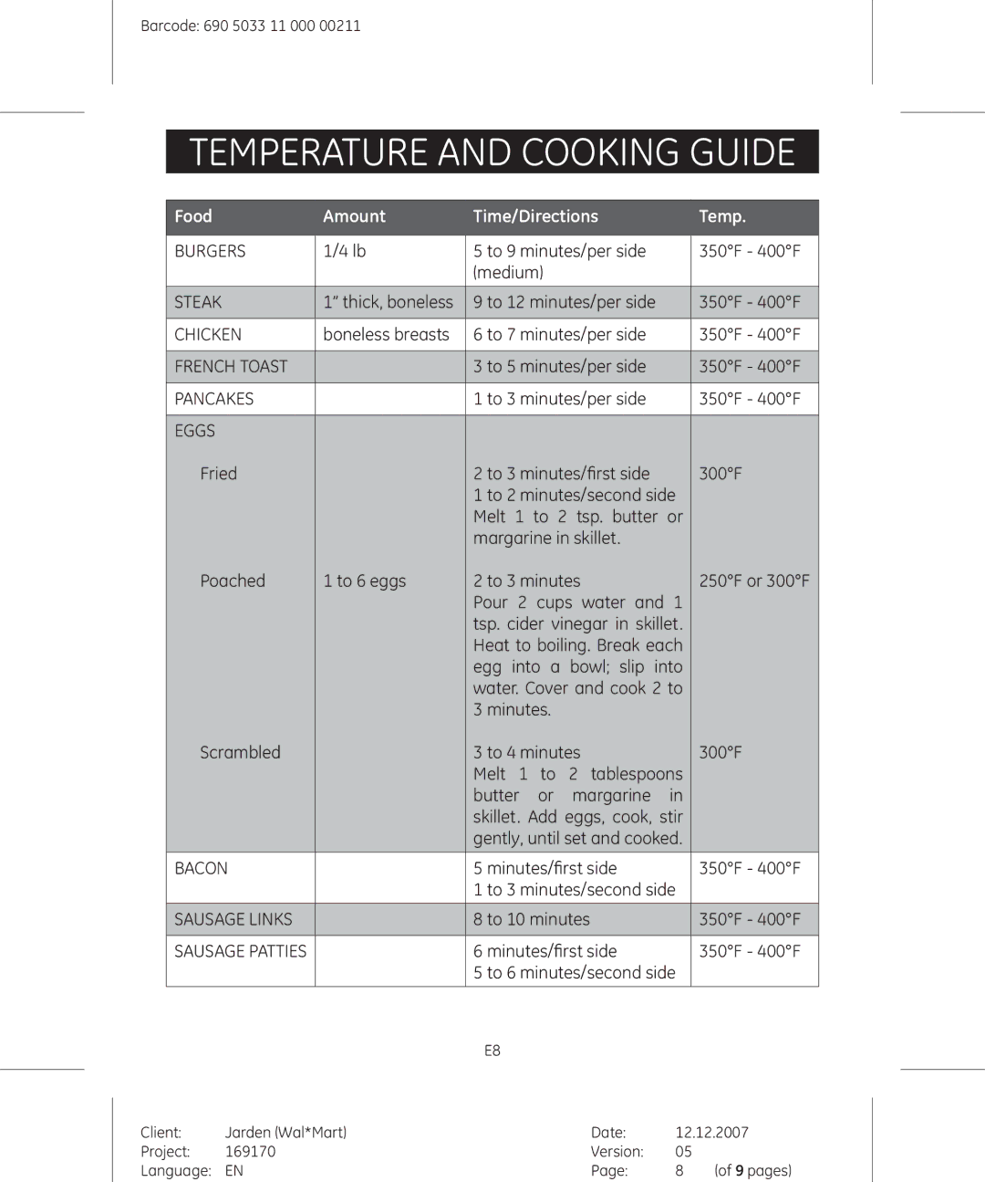 GE 681131691703 manual Temperature and Cooking Guide, Food Amount Time/Directions Temp 