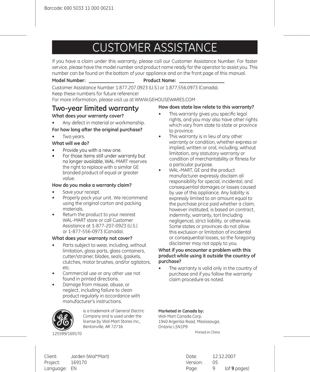 GE 681131691703 manual Customer Assistance, Model Number 