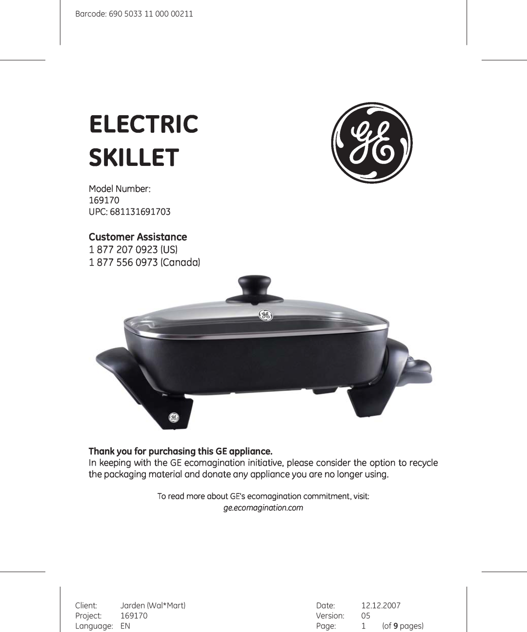 GE 681131691703 manual Customer Assistance 1 877 207 0923 US, Thank you for purchasing this GE appliance, Electric SKILLET 