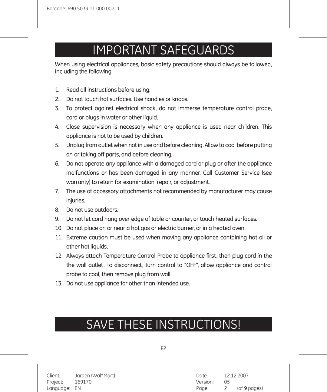 GE 681131691703 manual Important Safeguards, Save these instructions 